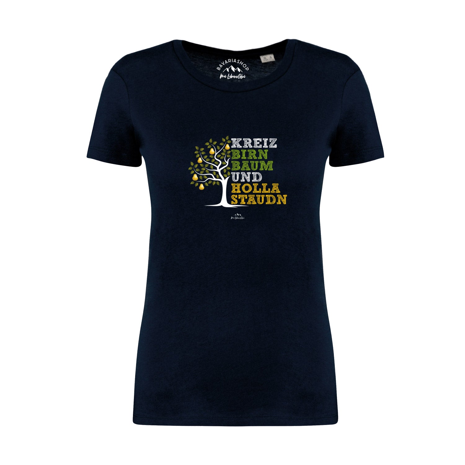 Dunkelblaues Damen-T-Shirt mit weißem "Kreizbirnbaum"-Schriftzug, Rundhals, aus 100 % Bio-Baumwolle.