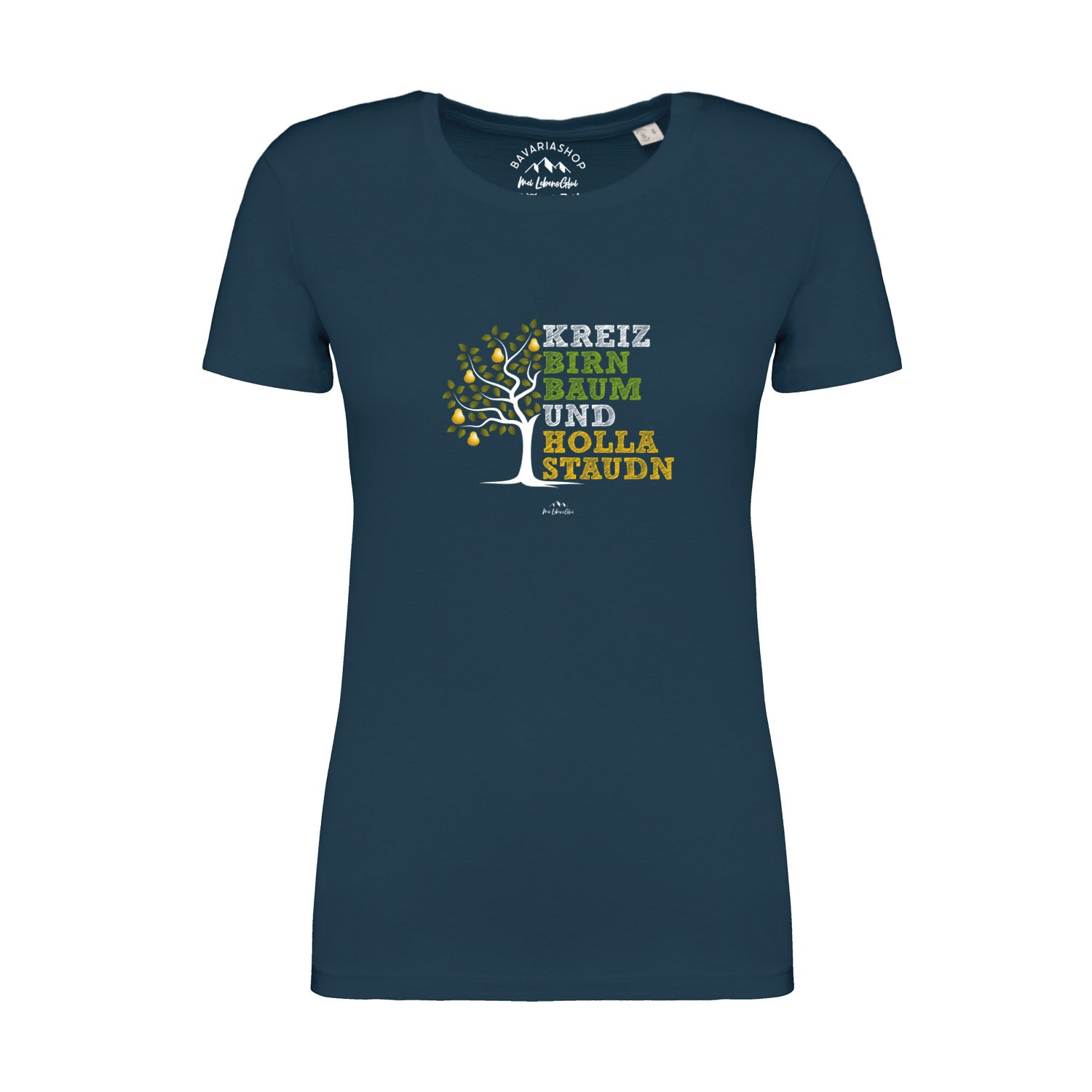 Pfauenblaues Damen-T-Shirt mit weißem Schriftzug „Kreizbirnbaum“, Rundhalsausschnitt, 100 % Bio-Baumwolle.