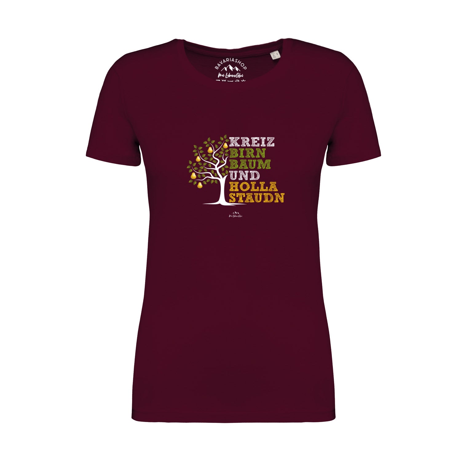 Weinrotes Damen-T-Shirt mit weißem „Kreizbirnbaum“-Schriftzug, Rundhalsausschnitt, aus 100 % Bio-Baumwolle.