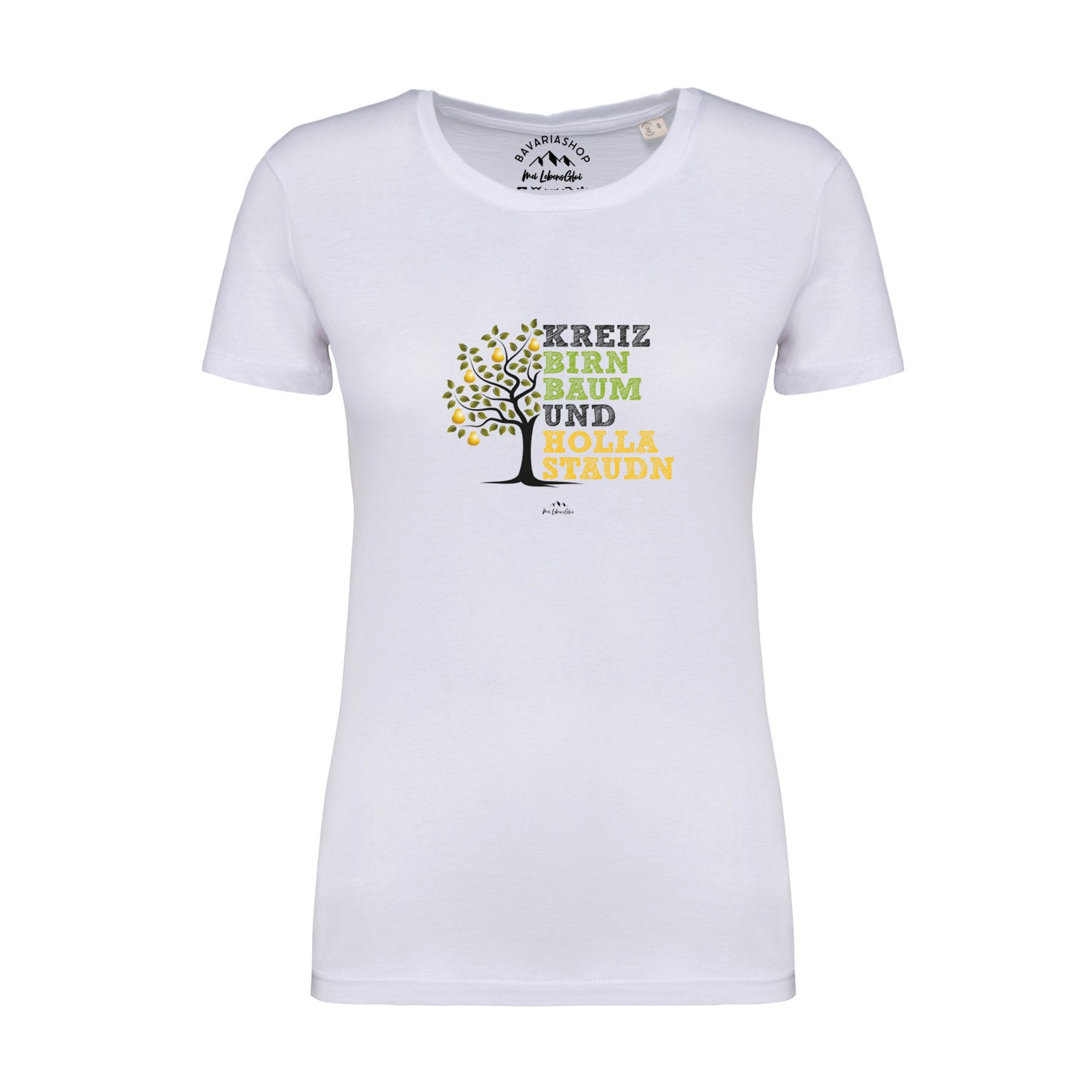 Weißes Damen T-Shirt mit großem schwarzen „Kreizbirnbaum“-Schriftzug, klassischer Schnitt, 100 % Bio-Baumwolle.