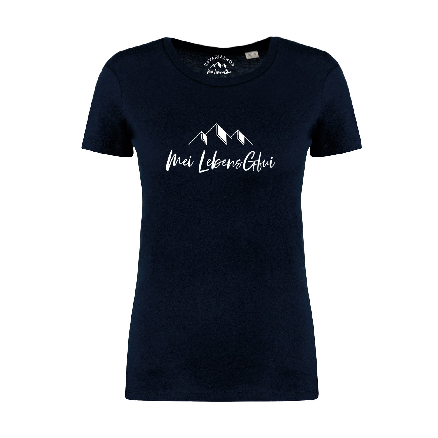 Damen T-Shirt mit bayerischem Schriftzug, kurzer Ärmel, Rundhalsausschnitt, aus 100 % Bio-Baumwolle, dunkelblau.