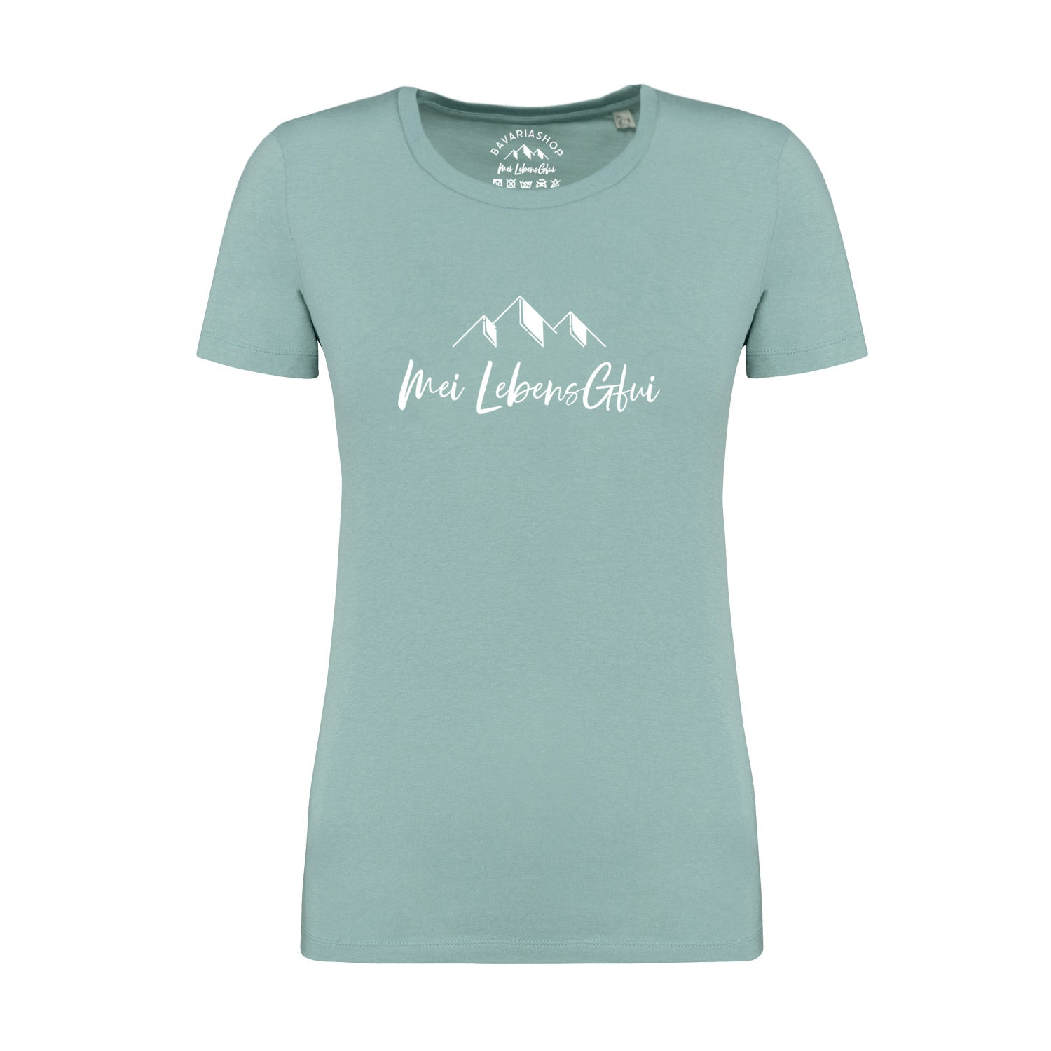 Damen T-Shirt mit weißem Schriftzug „Mei LebensGfui“ auf der Brust, aus 100 % Bio-Baumwolle in Pastellgrün.
