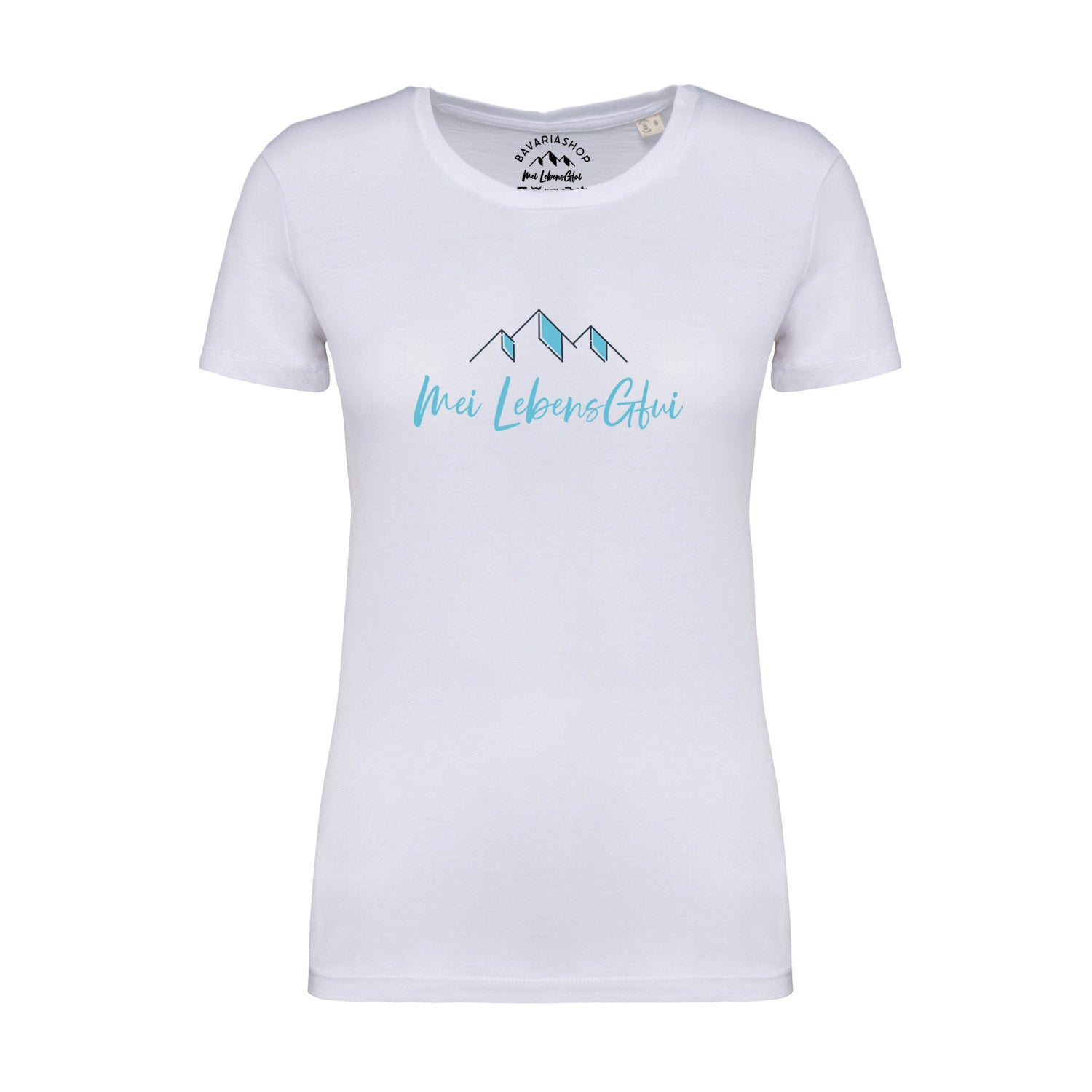 Damen T-Shirt mit kurzem Arm, sichtbarem Front-Schriftzug „mei LebensGfui“, aus 100 % Bio-Baumwolle, weiß.