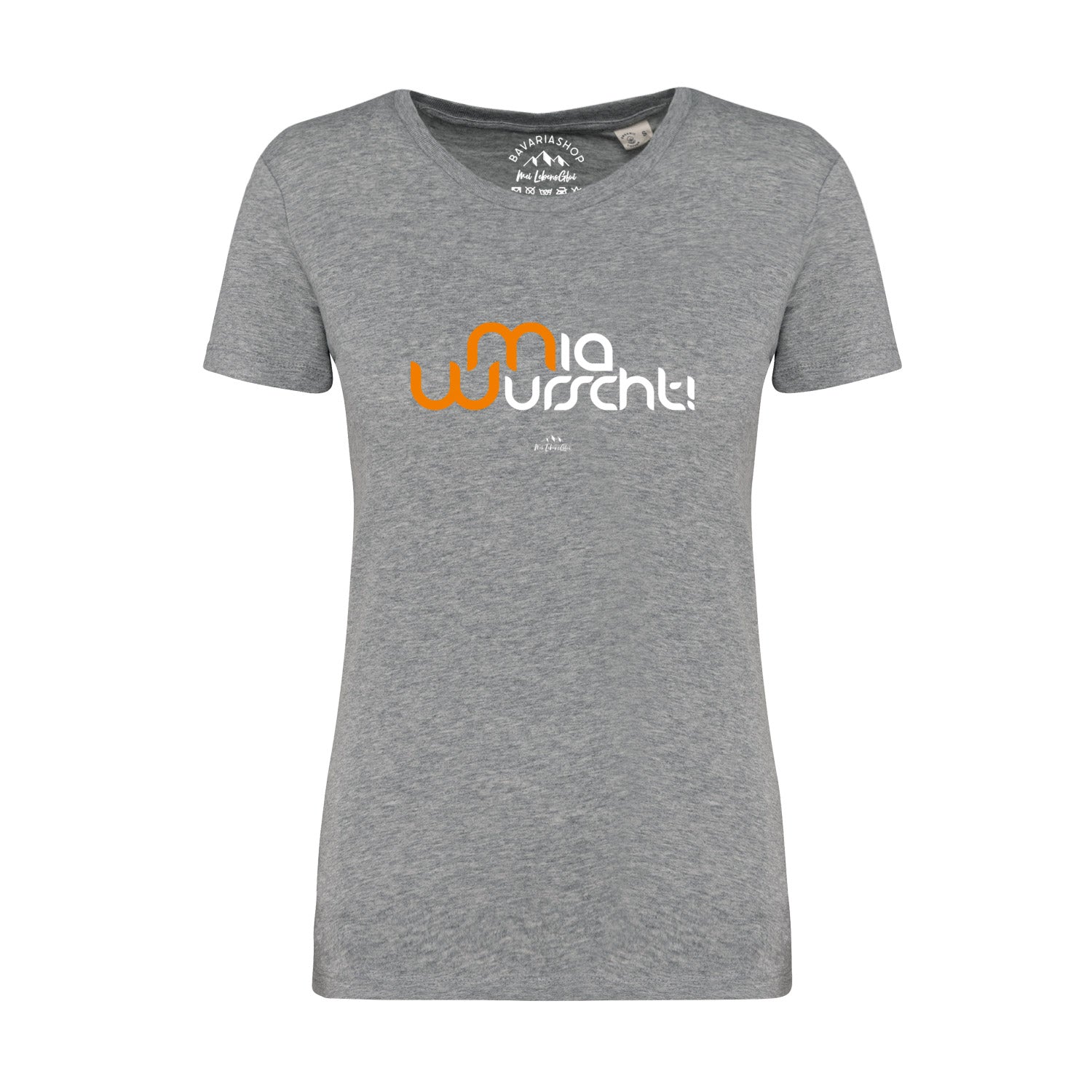 Graumeliertes Damen-T-Shirt mit kurzem Arm und bayerischem Schriftzug „Mia Wurscht“ auf der Brust; Bio-Baumwolle.