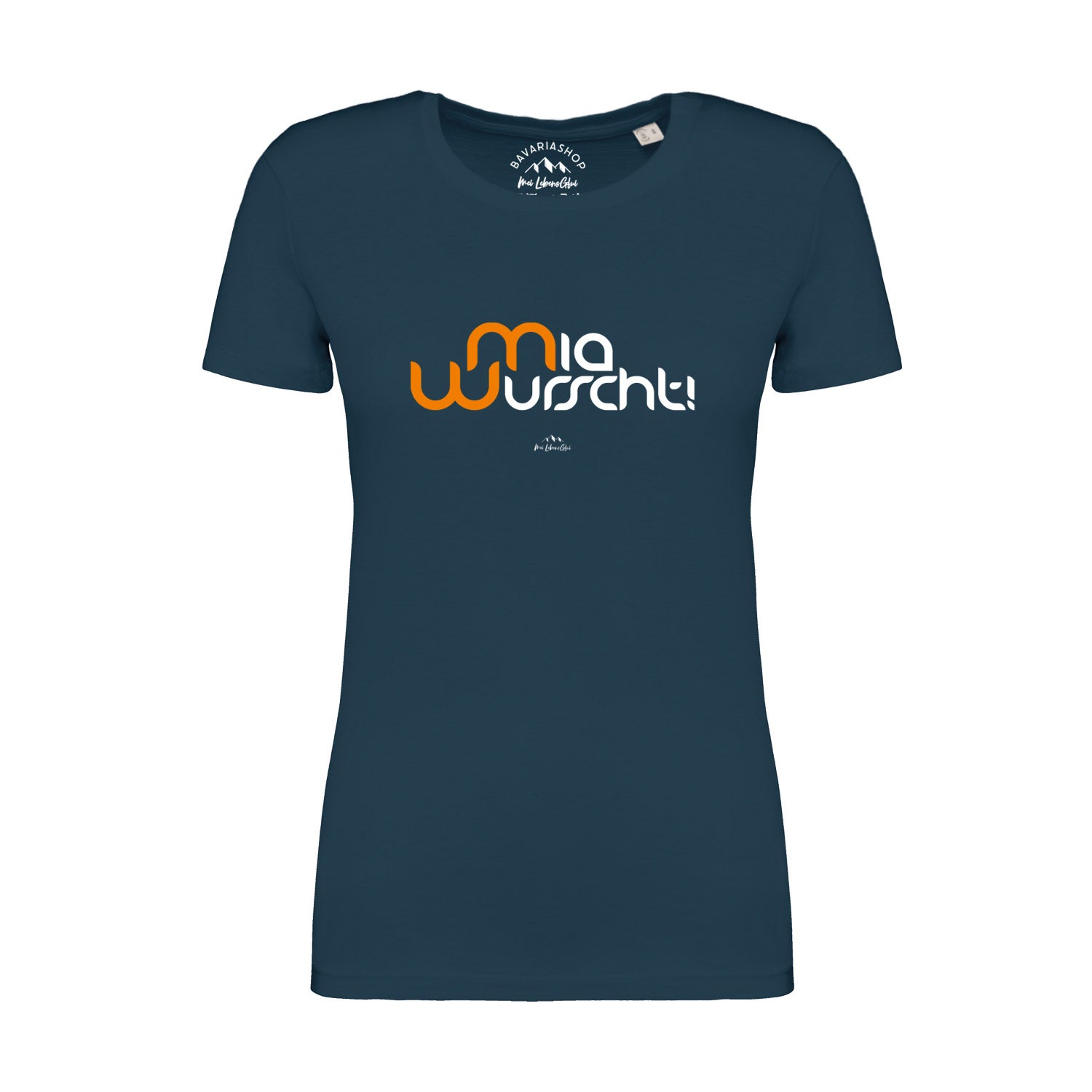 Damen T-Shirt in Pfauenblau mit weißem „Mia Wurscht“-Schriftzug, Kurzarm, Rundhals, 100 % Bio-Baumwolle.