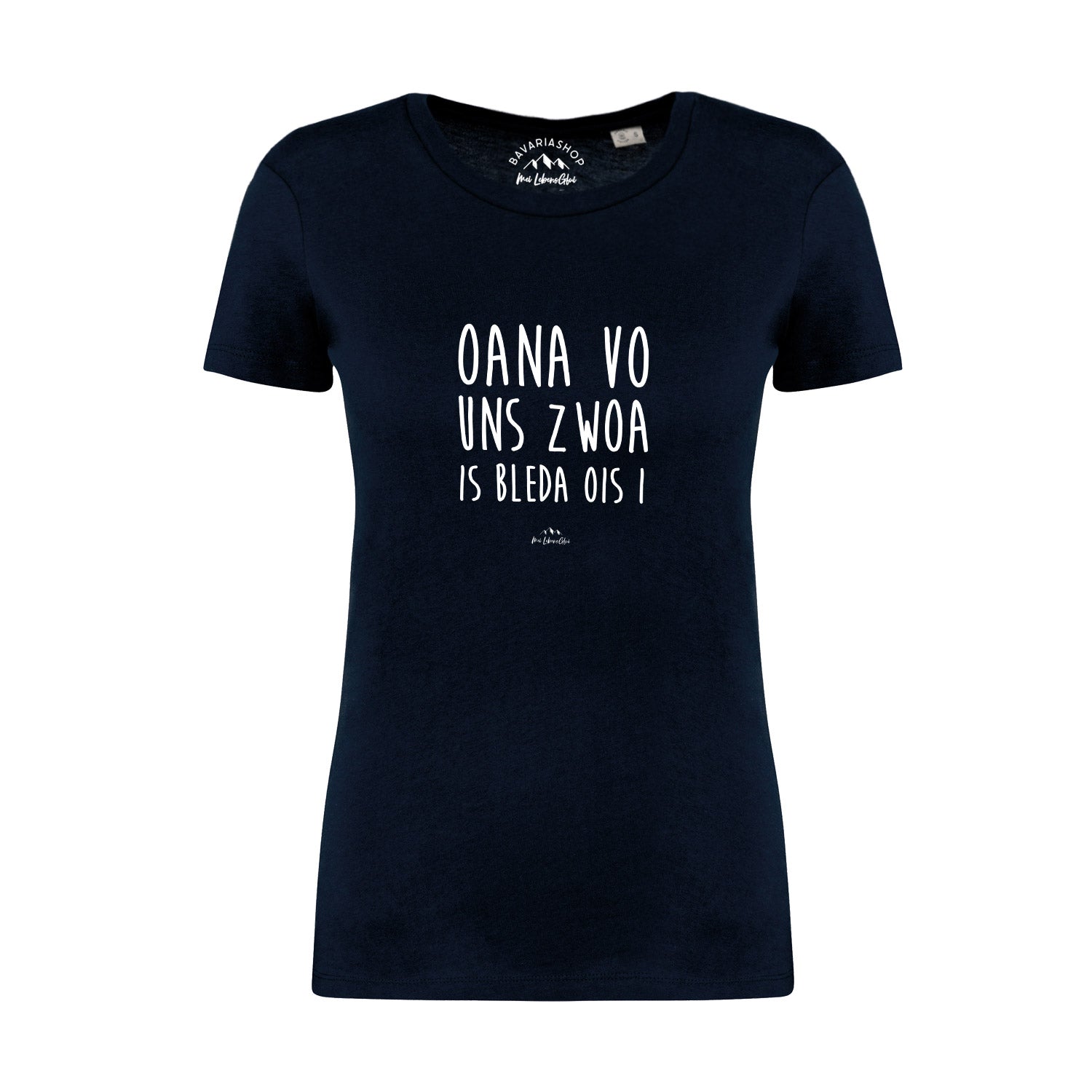 Damen T-Shirt mit Aufdruck „Oana vo uns zwoa…“, gerader Schnitt, 100 % Bio-Baumwolle, sichtbar dunkelblau.
