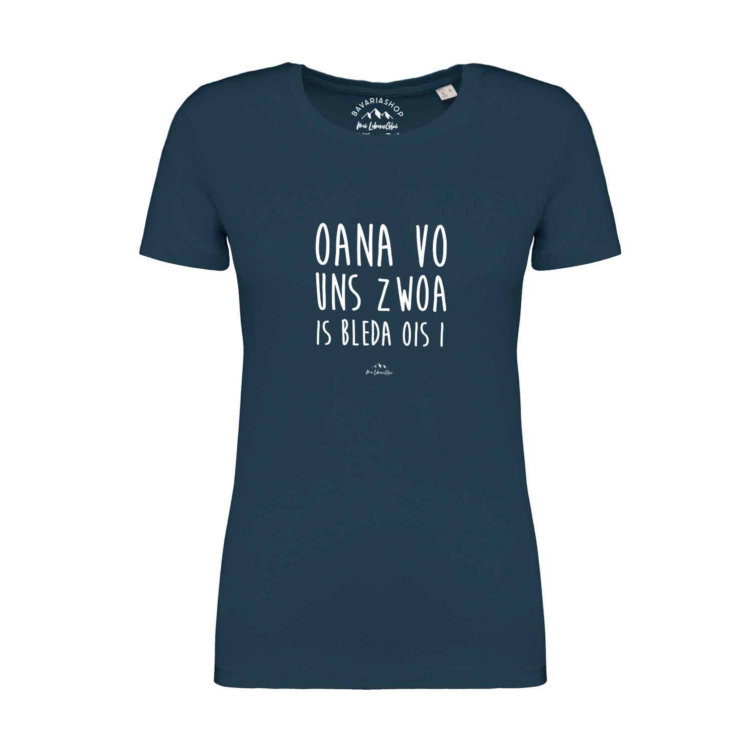 Damen T-Shirt mit Schriftzug „Oana vo uns zwoa...“, kurzärmelig, rundhals, aus 100 % Bio-Baumwolle, pfauenblau.