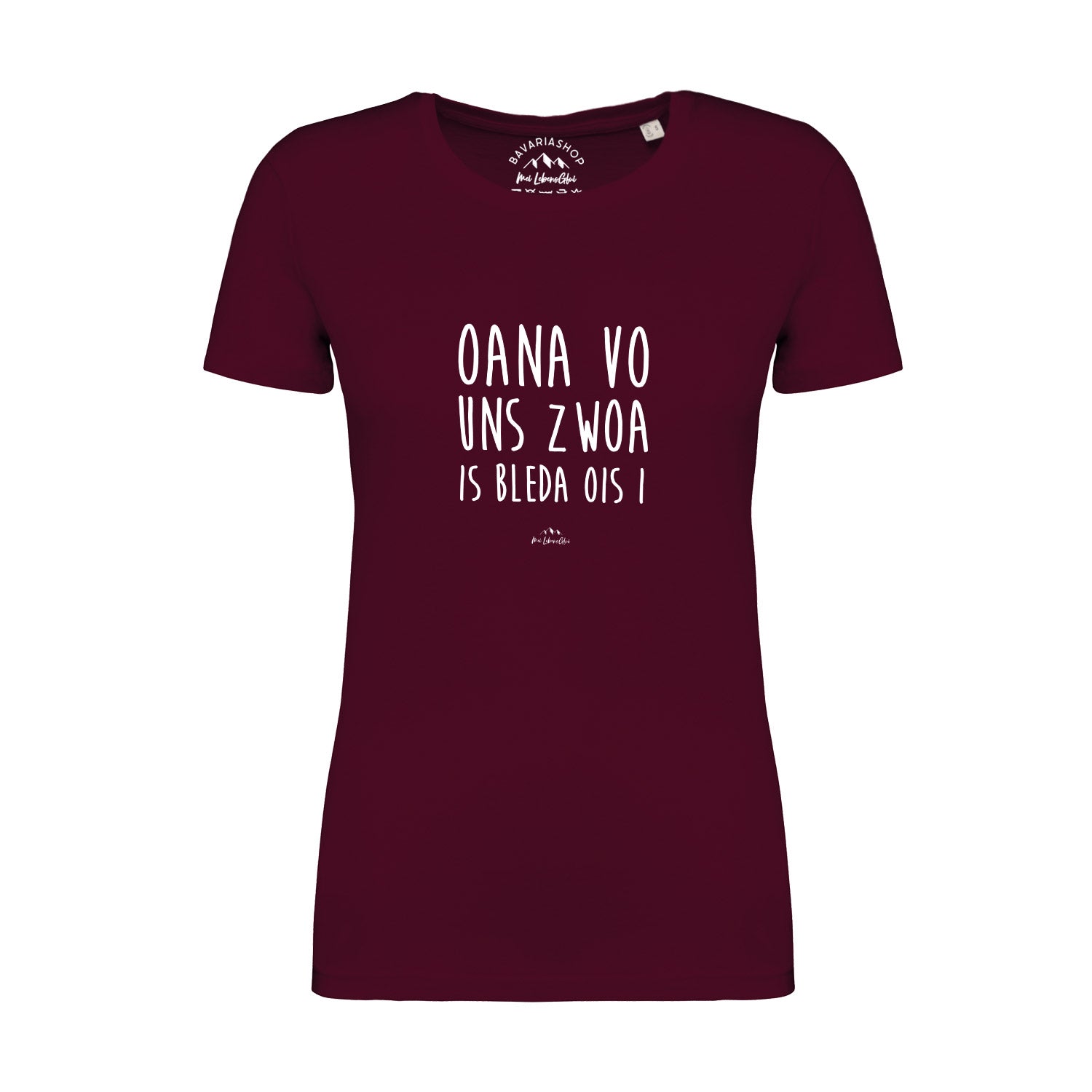 Damen T-Shirt mit Schriftzug „Oana vo uns zwoa...“, kurzarm, Rundhals, in Bio-Baumwolle, weinrot.