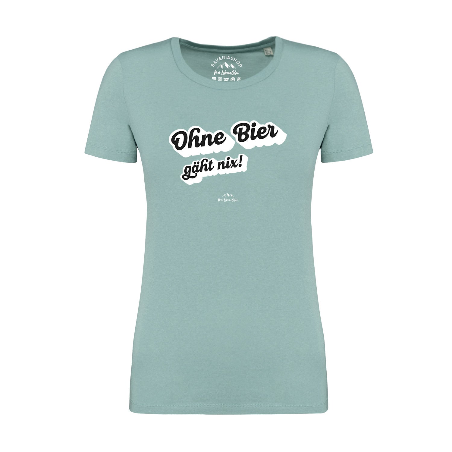Damen T-Shirt mit Frontprint „Ohne Bier gäht nix!“, Kurzarm, Rundhalsausschnitt, pastellgrün, Bio-Baumwolle.