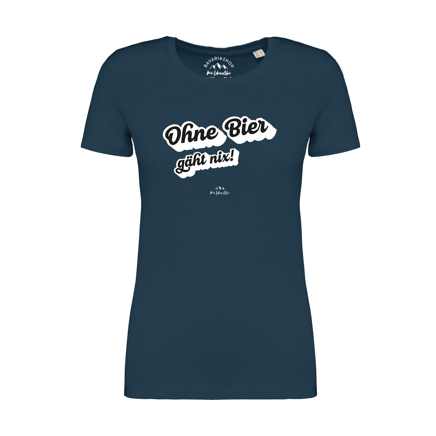 Damen T-Shirt mit Aufdruck "Ohne Bier gäht nix!", Rundhalsausschnitt, aus 100 % Bio-Baumwolle in Pfauenblau.