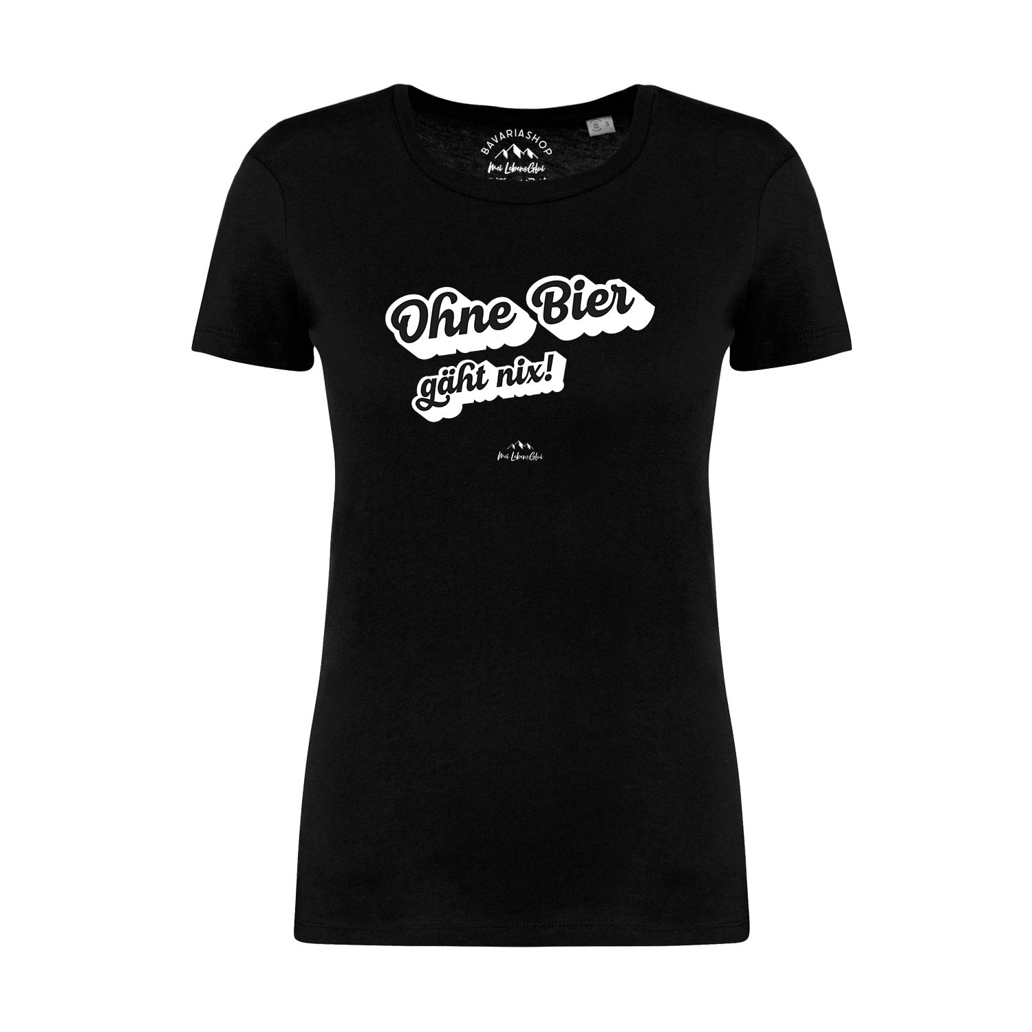 Damen T-Shirt mit Aufdruck „Ohne Bier gäht nix!“, Rundhals, kurzarm, aus 100 % Bio-Baumwolle, schwarz