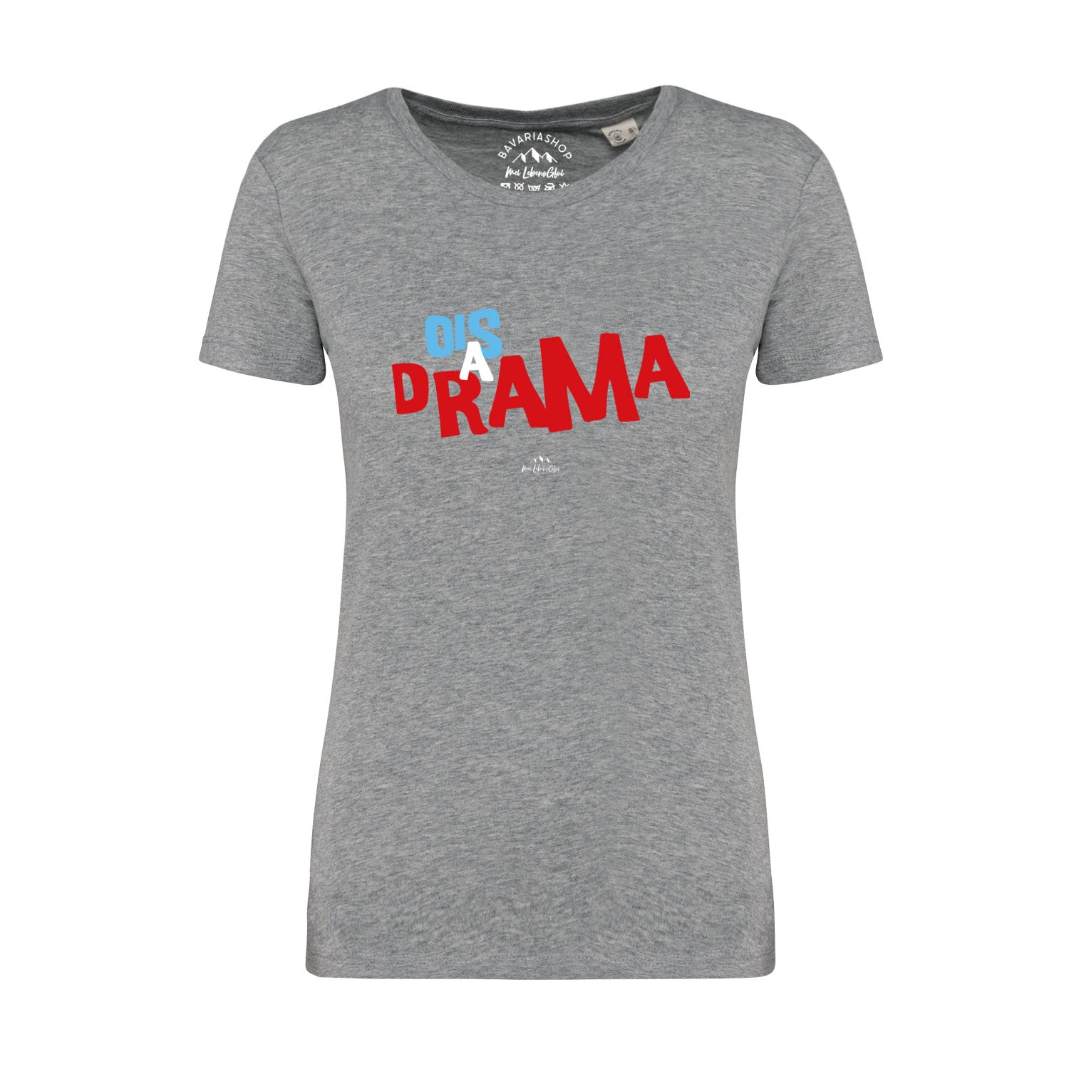 Graumeliertes Damen-T-Shirt mit schwarzem Schriftzug „Ois a Drama“ aus 100 % Bio-Baumwolle, Rundhalsausschnitt.