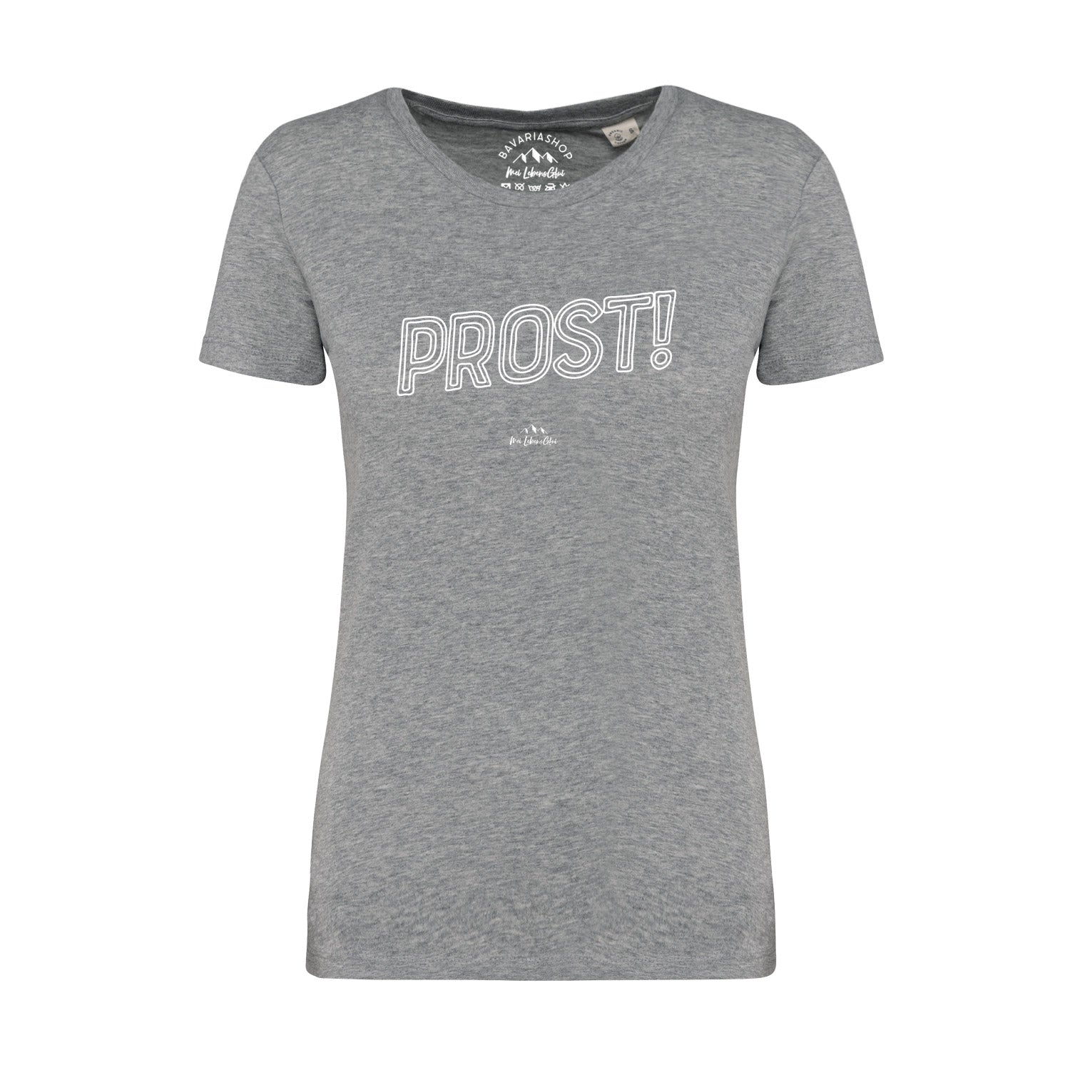 Damen T-Shirt mit „Prost!“ Schriftzug in Grau meliert, gerade Passform, aus 100 % Bio-Baumwolle.