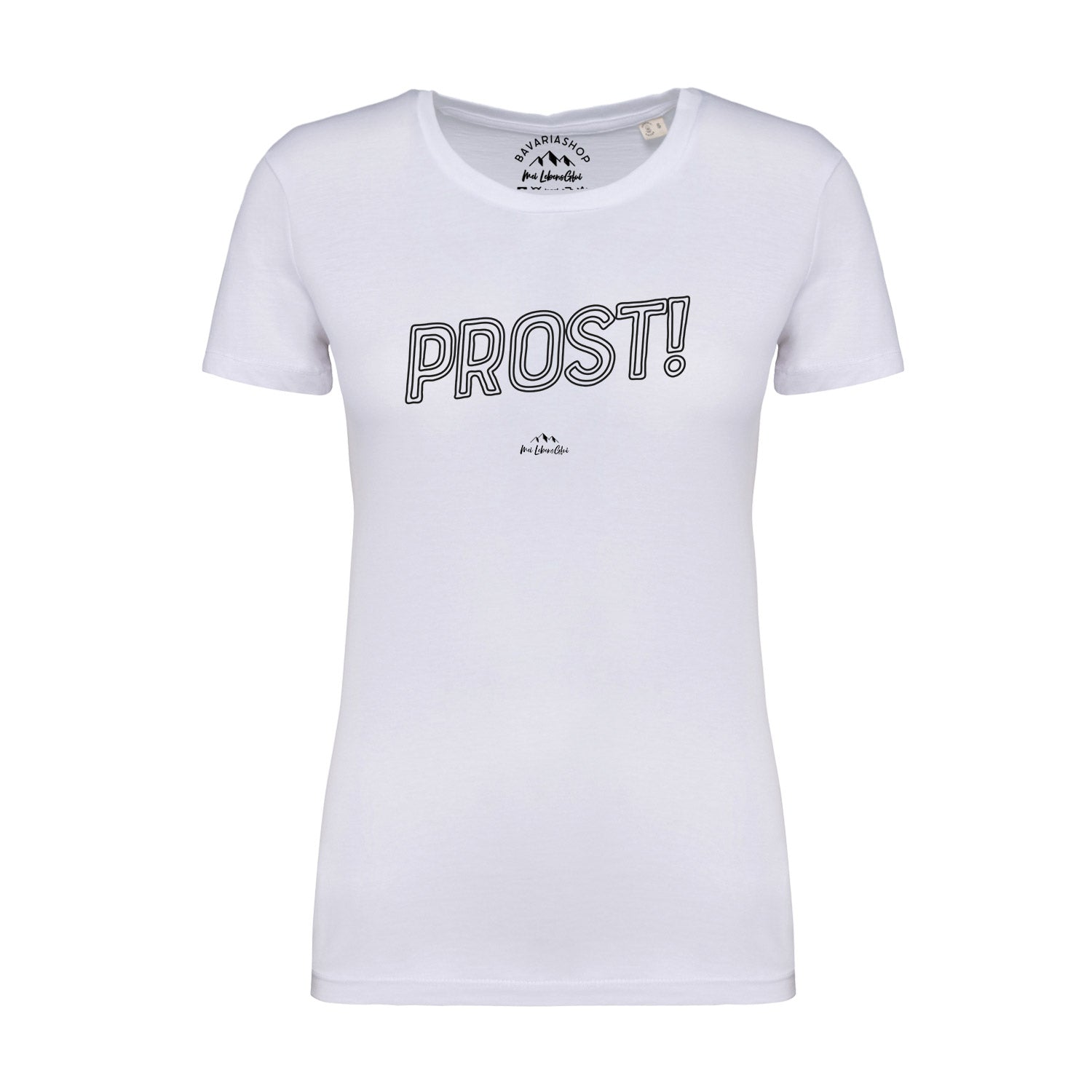 Damen T-Shirt mit „Prost!“ Schriftzug auf der Vorderseite, aus Bio-Baumwolle, weiß, Motiv mittig platziert.