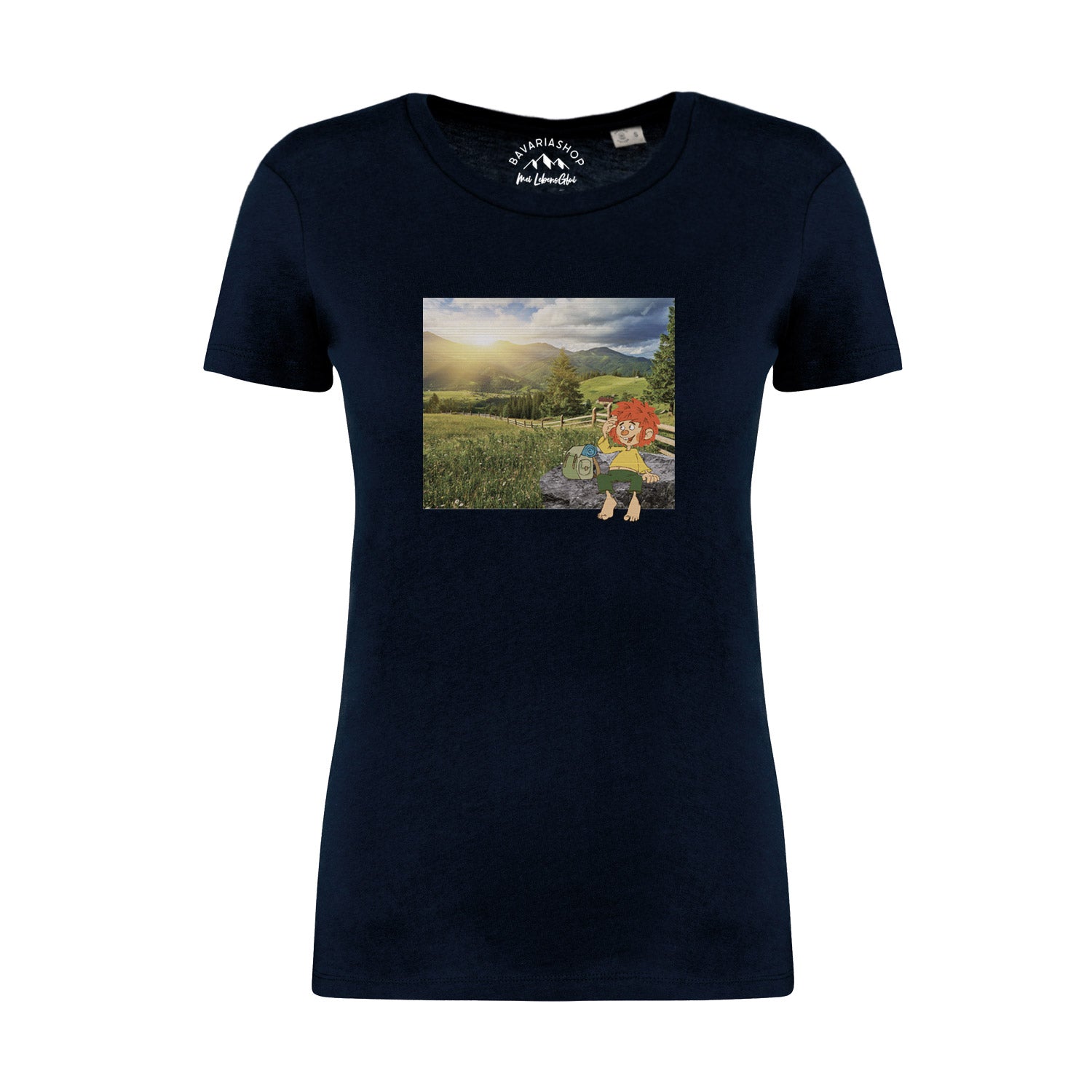 Damen-T-Shirt mit Pumuckl-Motiv in Retro-Optik, Rundhalsausschnitt, 100 % Bio-Baumwolle, 180 g/m².