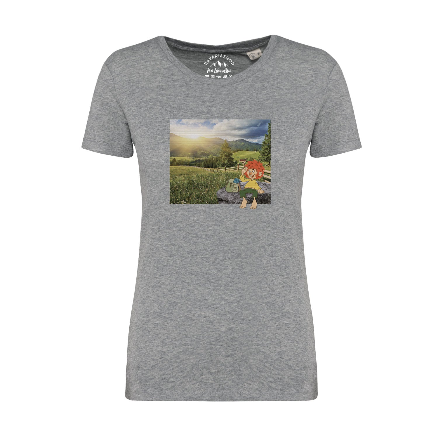 Damen T-Shirt mit Pumuckl-Motiv in Retro-Optik, Kurzarm, Rundhals, aus 100 % Bio-Baumwolle, grau meliert.