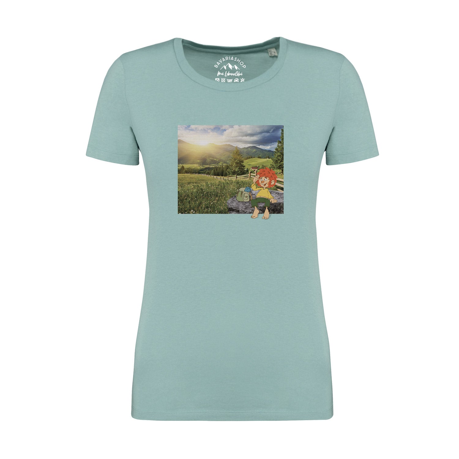 Damen T-Shirt mit retro Pumuckl-Motiv „Berg-Kobold“ auf der Front, aus 100 % Bio-Baumwolle, pastellgrün.
