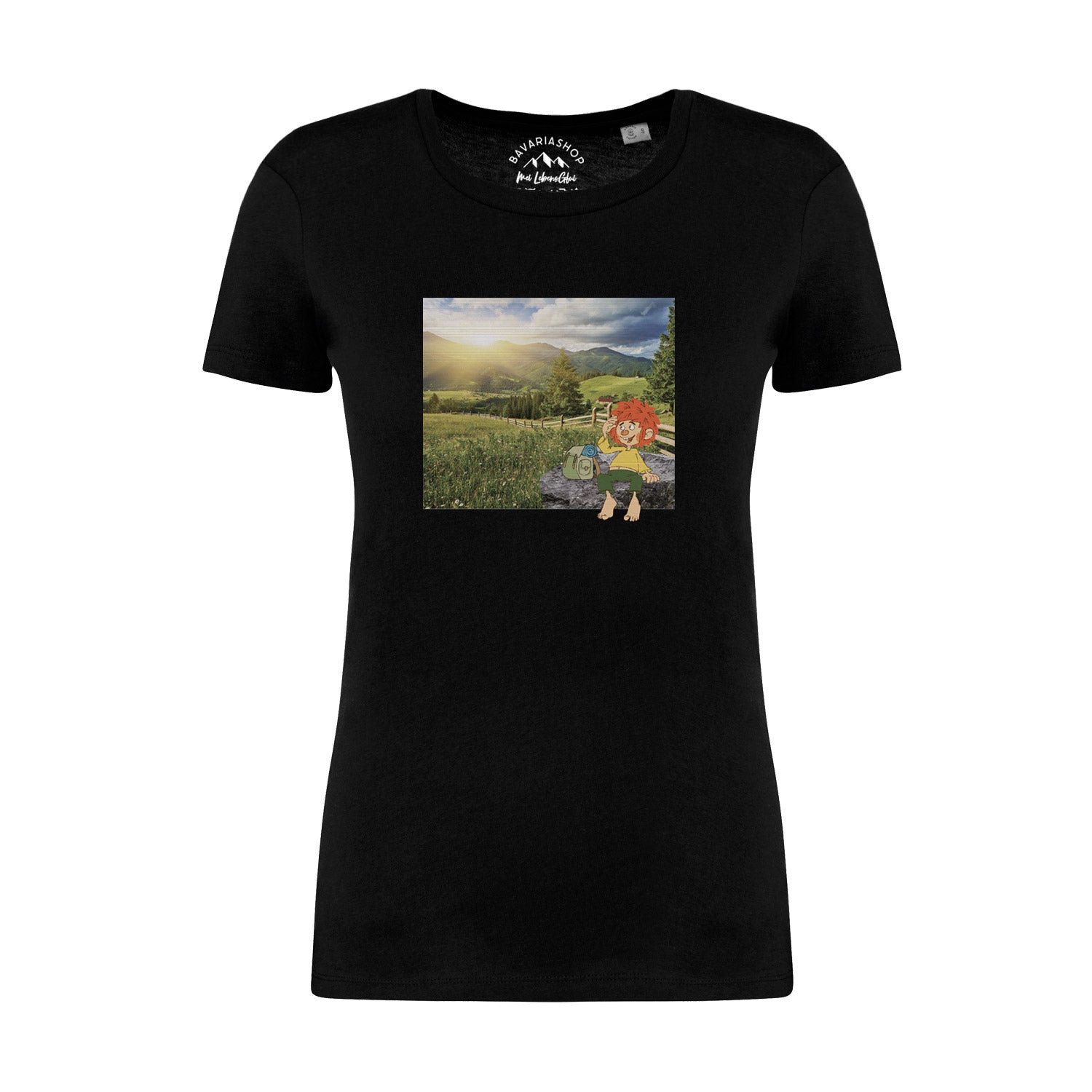 Damen-T-Shirt mit Pumuckl-Motiv in Retro-Optik, Rundhalsausschnitt, aus 100 % Bio-Baumwolle, schwarze Basis.