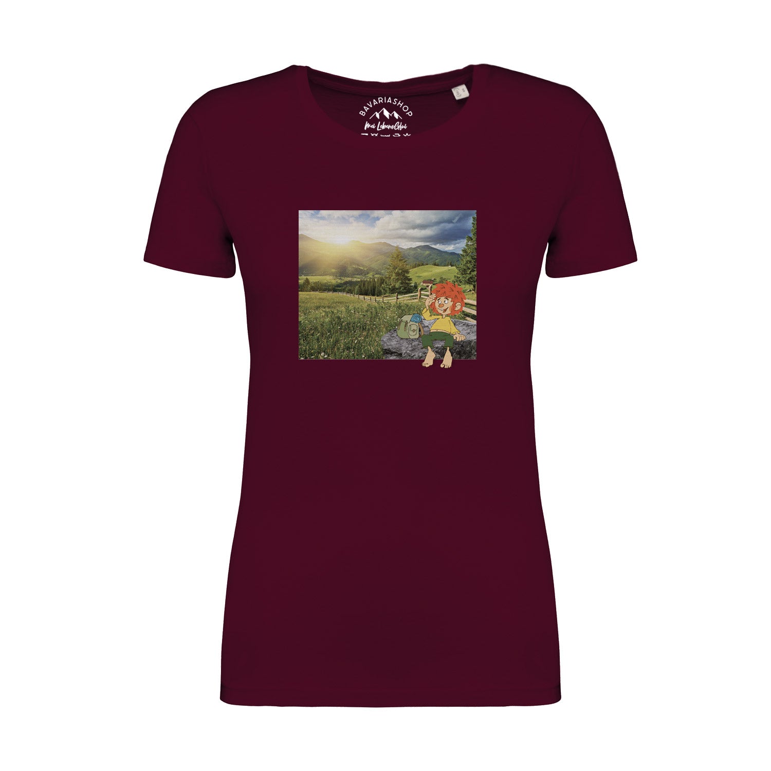 Damen T-Shirt mit Pumuckl-Motiv auf der Brust, Rundhalsausschnitt, 100 % Bio-Baumwolle, Retro-Optik, weinrot.