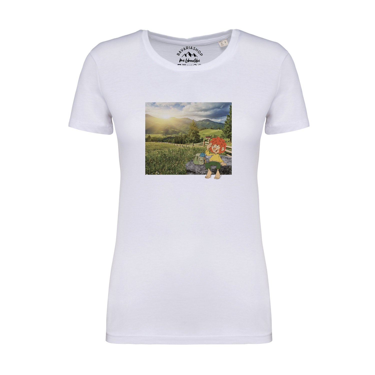 Damen T-Shirt mit Pumuckl-Motiv in Retro-Optik, Rundhalsausschnitt, aus 100 % Bio-Baumwolle, 180 g/m².