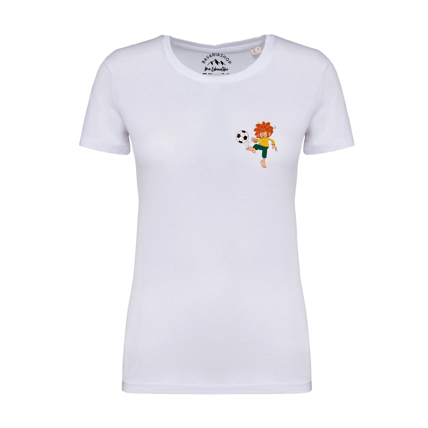 Damen-T-Shirt mit Pumuckl-Fußball-Motiv, Rückenprint „82“, aus 100 % Bio-Baumwolle, Limited Edition