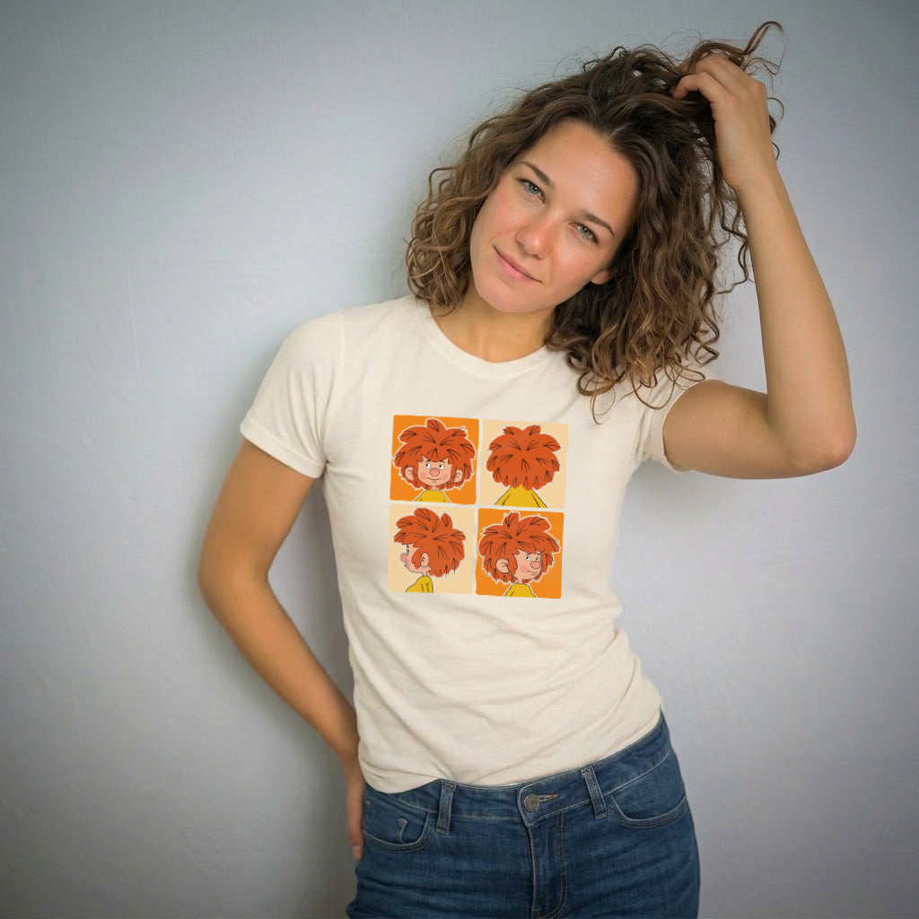 Damen T-Shirt in Cremefarbe mit vier Pumuckl Schnappschuss Designs in knalligen Orangetönen.