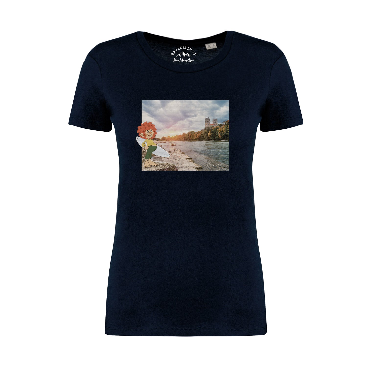 Damen T-Shirt mit Retro-Pumuckl-Motiv als Surfer, kurzärmelig, aus 100 % Bio-Baumwolle, Grammatur 180 g/m².