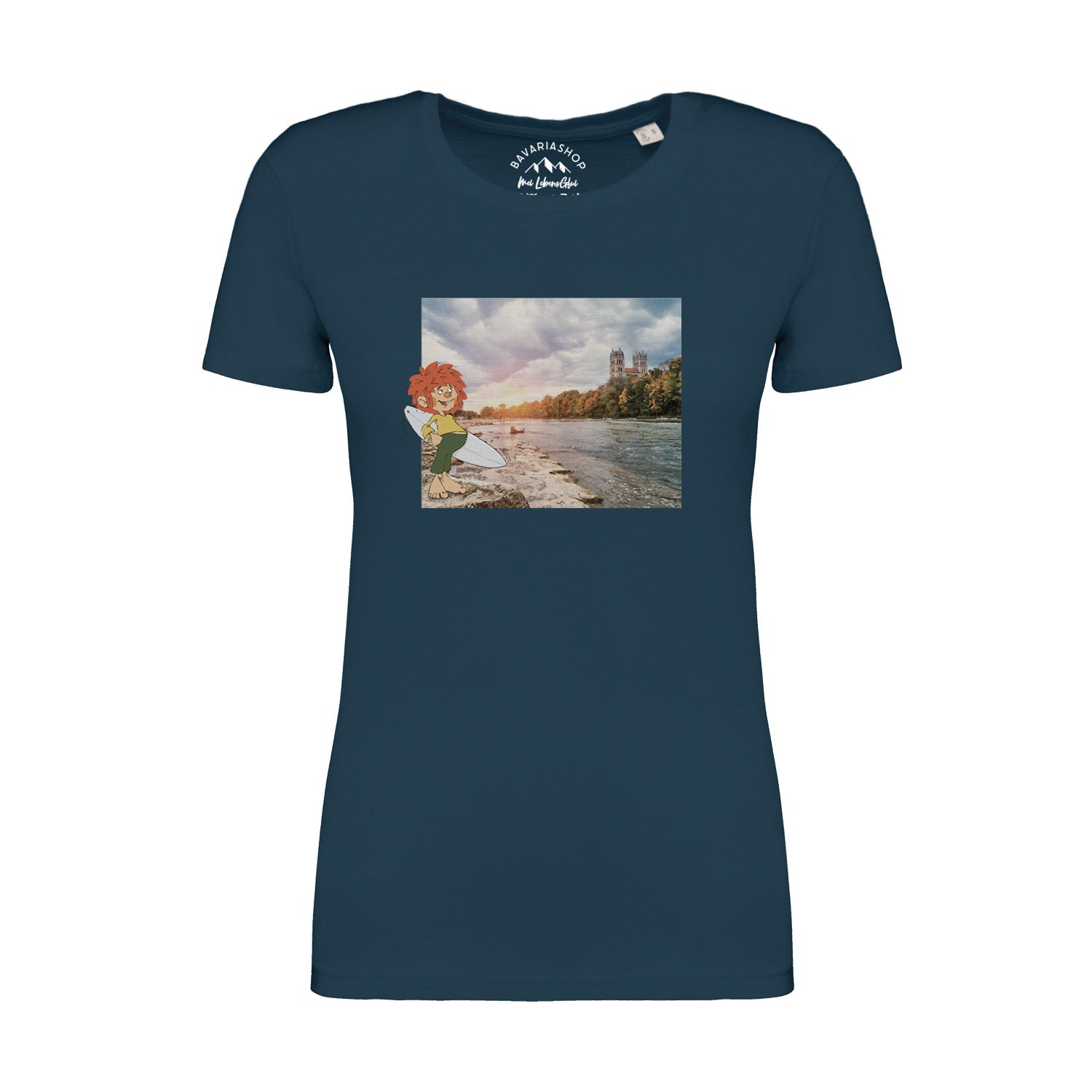 Damen-T-Shirt mit Pumuckl-Motiv in Retro-Optik, Rundhalsausschnitt, 100 % Bio-Baumwolle, pfauenblau.