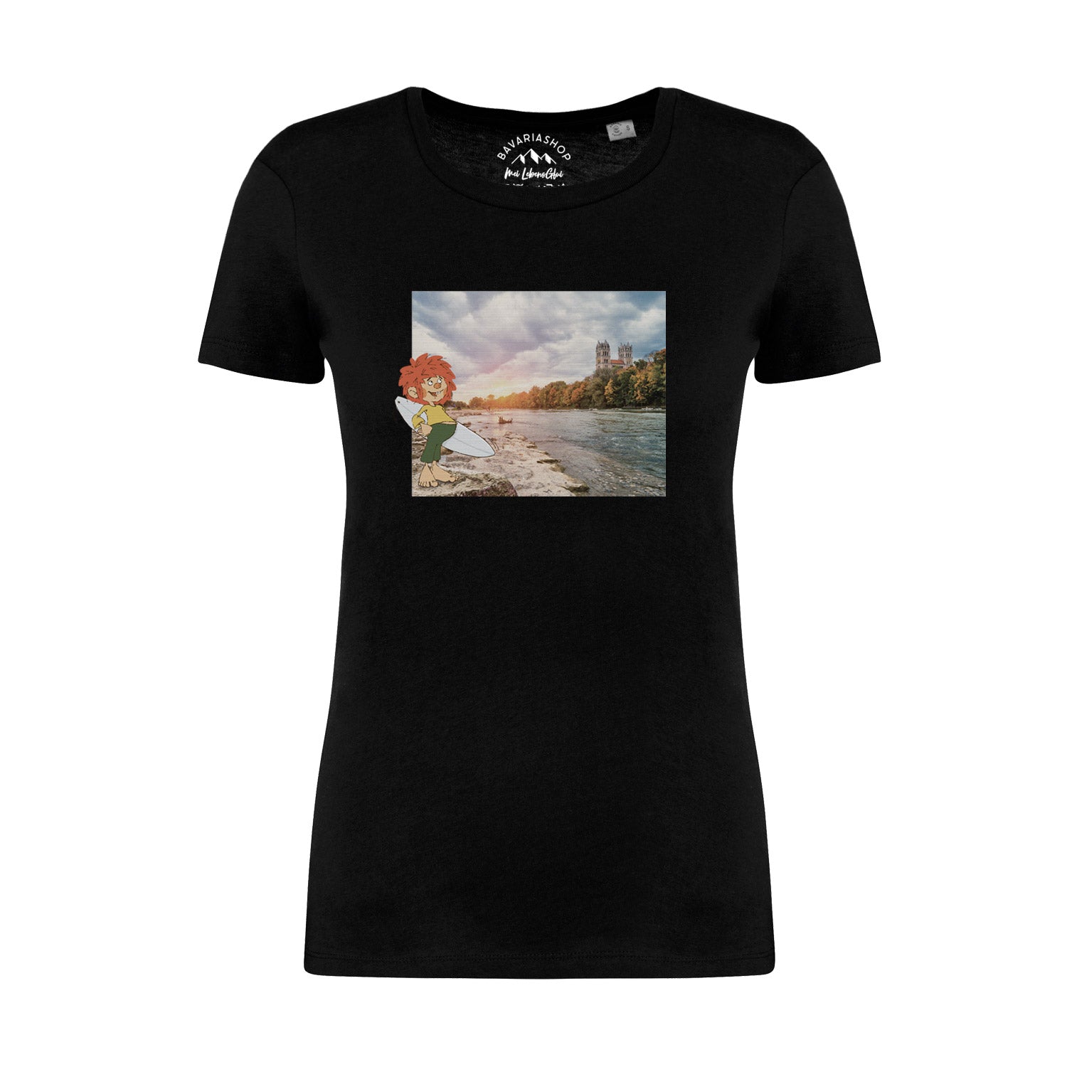 Pumuckl Damen T-Shirt mit Retro-Motiv eines surfenden Kobolds, aus 100 % Bio-Baumwolle, Grammatur 180 g/m².