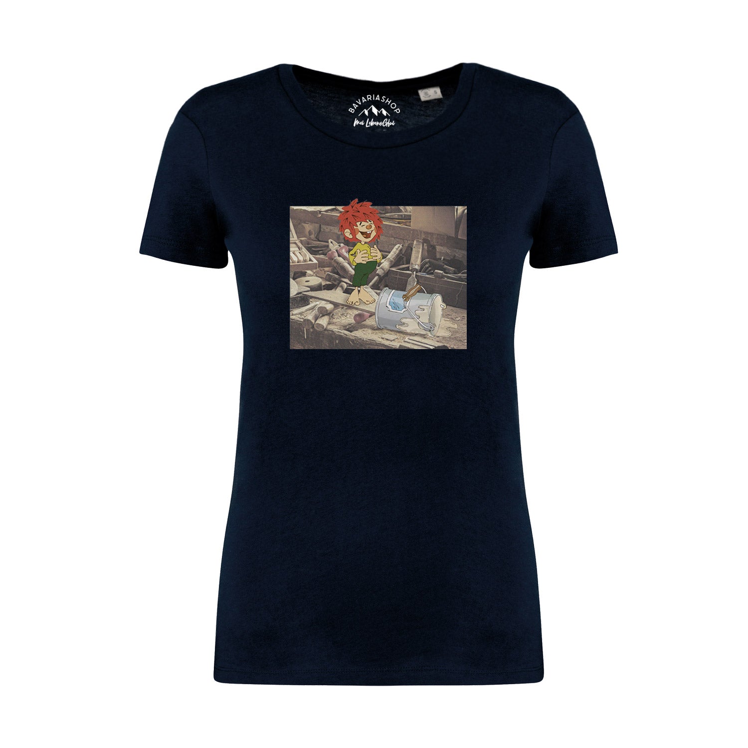 Damen T-Shirt mit Pumuckl-Motiv und "Werkstatt"-Aufdruck in Retro-Optik, aus 100 % Bio-Baumwolle, 180 g/m².