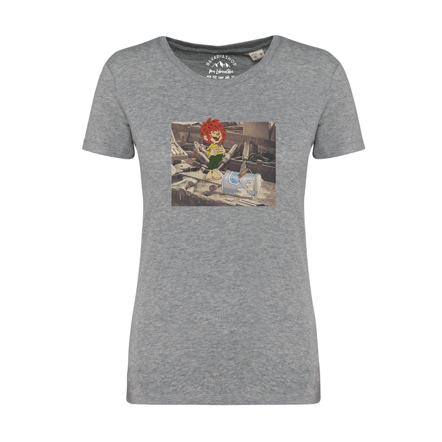 Damen T-Shirt mit Pumuckl-Print in Retro-Optik, Rundhals, kurzärmelig, aus 100 % Bio-Baumwolle, grau meliert.