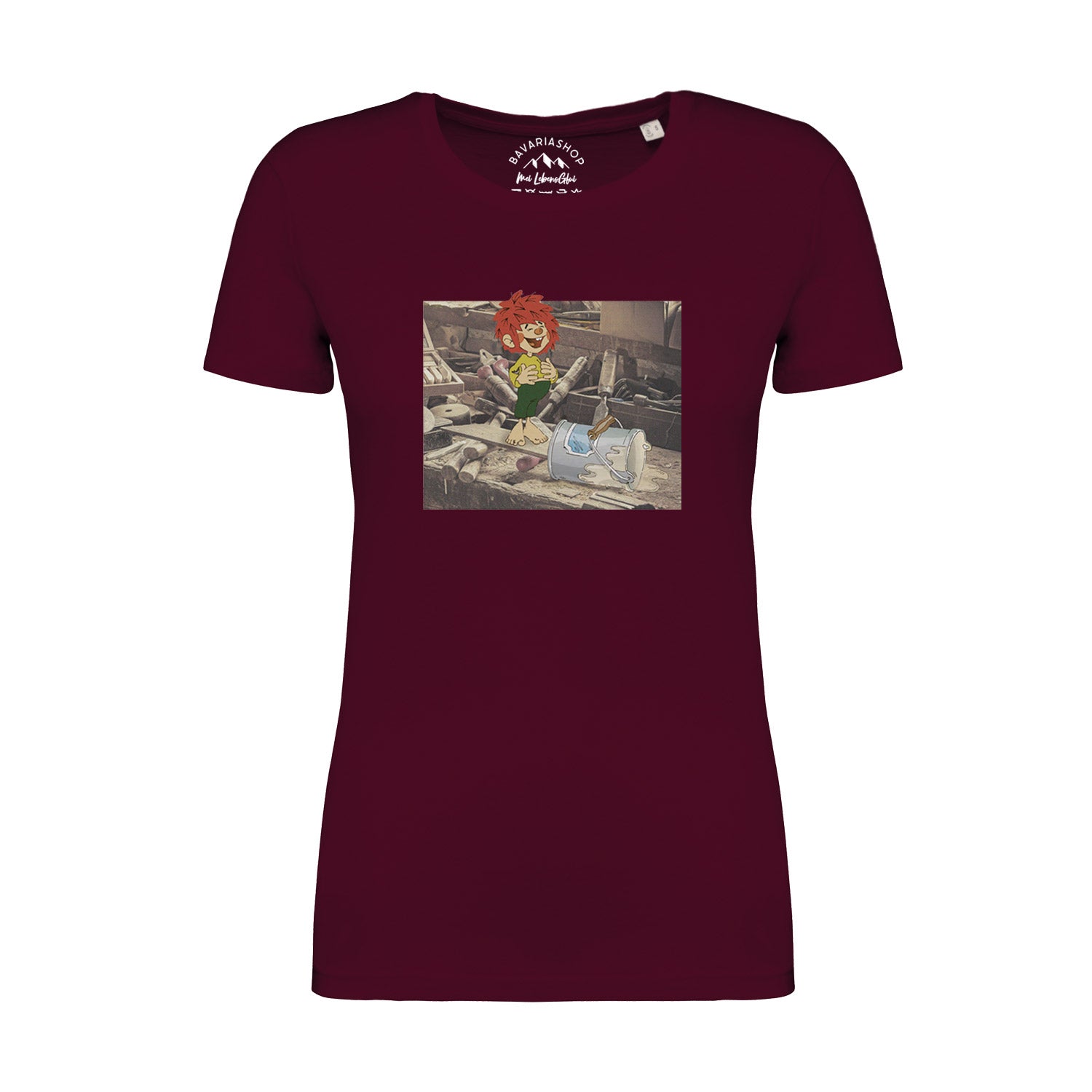 Damen T-Shirt mit Pumuckl-Motiv in Retro-Optik, weinrot, kurzärmelig, aus 100 % Bio-Baumwolle, 180 g/m².