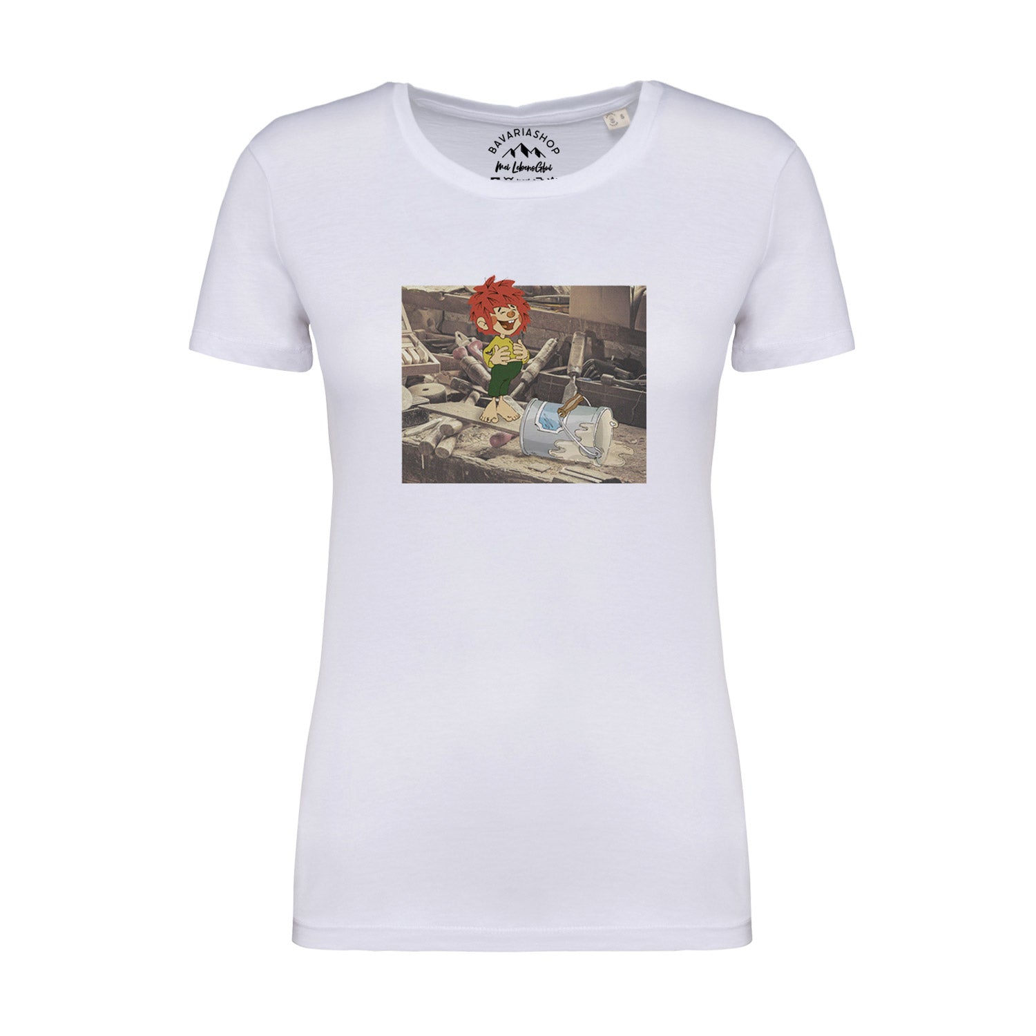 Damen T-Shirt mit Pumuckl-Motiv in Retro-Optik, Rundhalsausschnitt, 100 % Bio-Baumwolle, weiße Farbgebung.