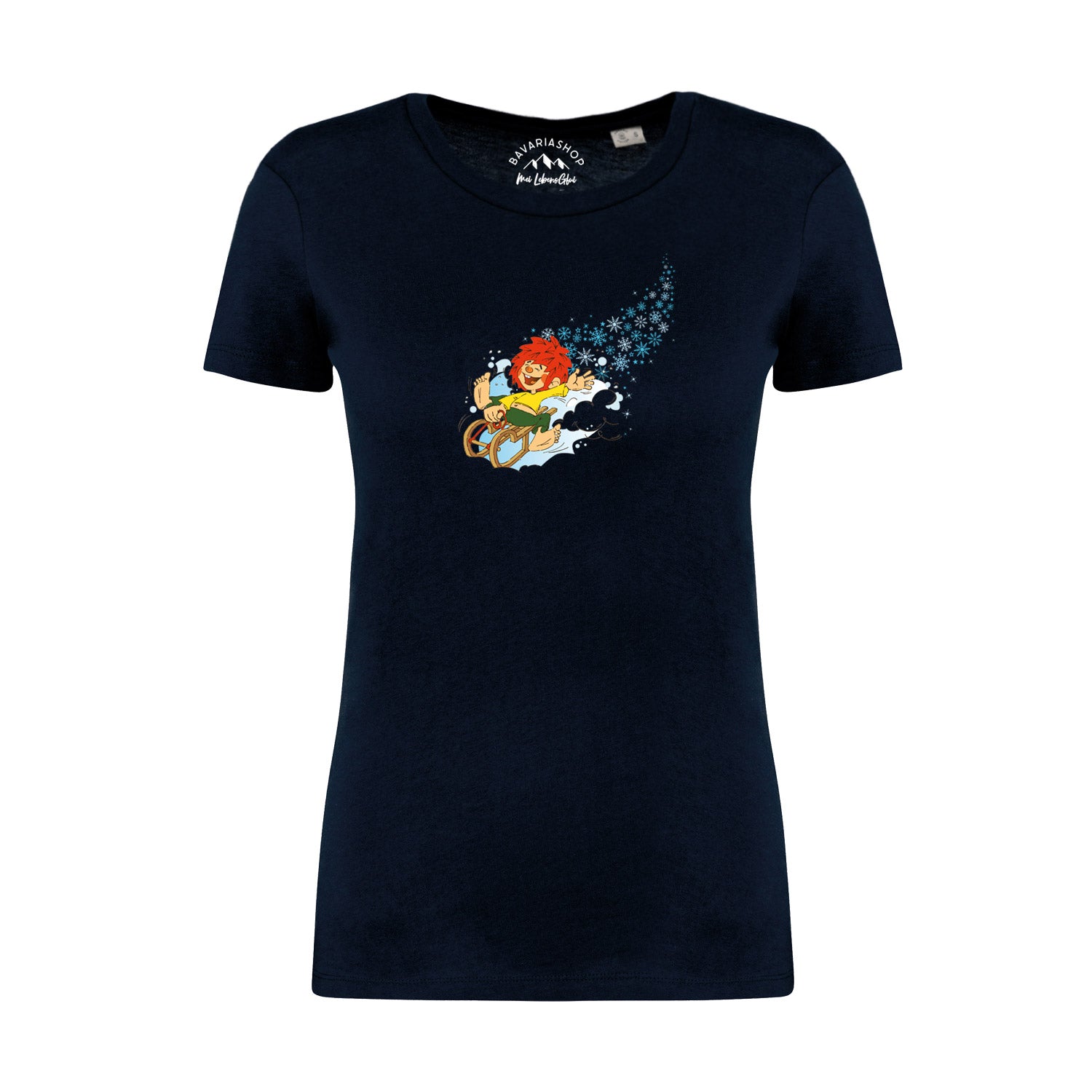 Damen T-Shirt mit Pumuckl-Wintermotiv auf der Vorderseite, aus 100 % Bio-Baumwolle, Grammatur 180 g/m².