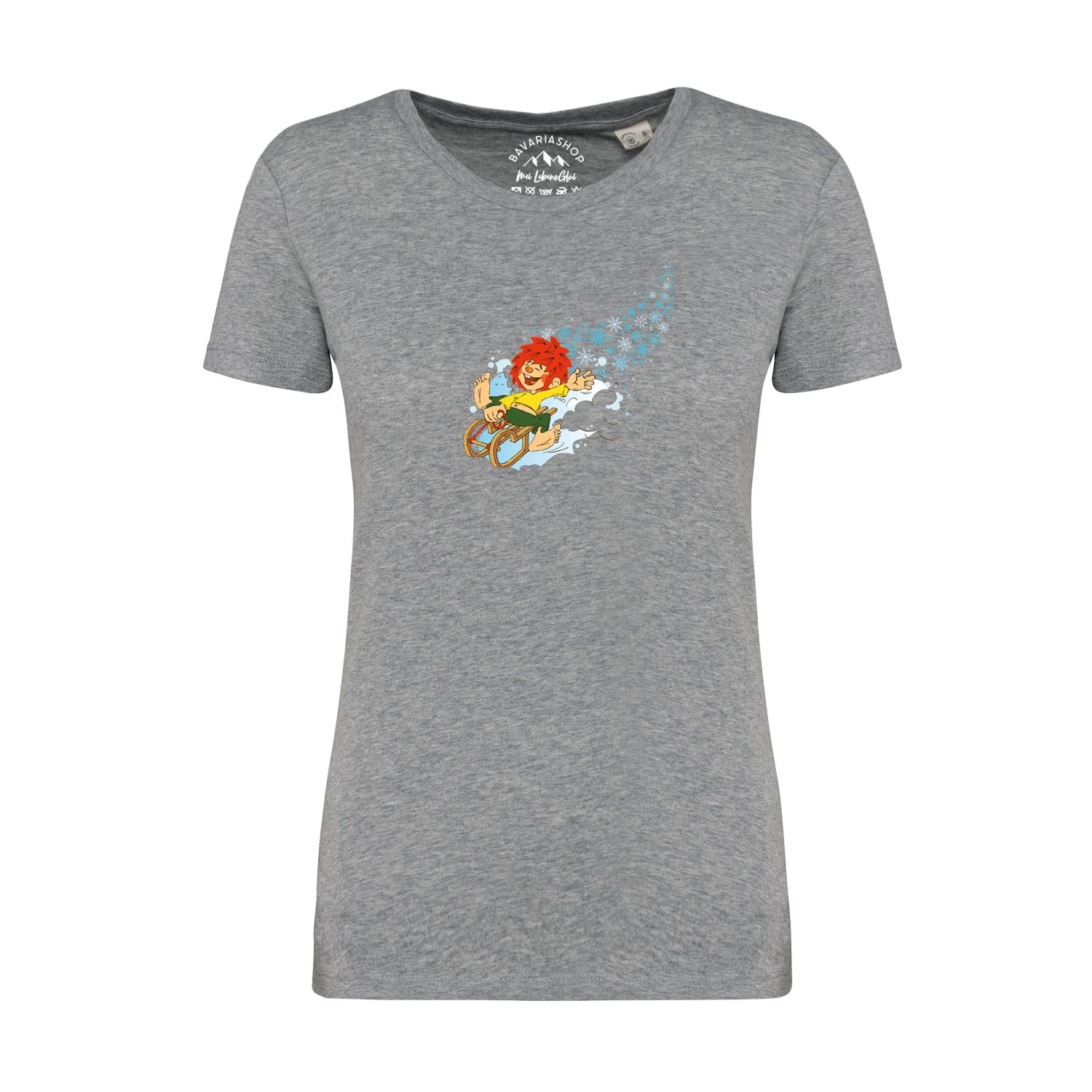 Damen T-Shirt mit Pumuckl-Motiv im Winterdesign, Rundhals, grau meliert, aus 100 % Bio-Baumwolle, 180 g/m².