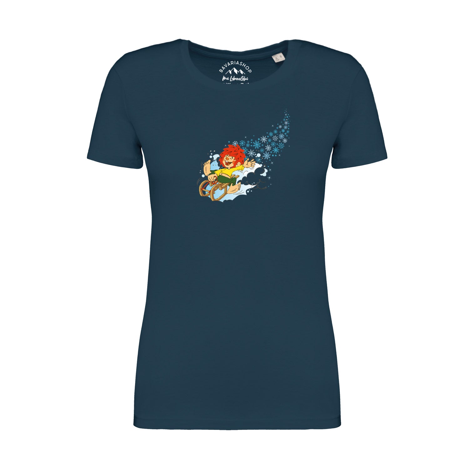 Damen T-Shirt mit Pumuckl-Wintermotiv auf der Vorderseite, gerade Form, aus 100 % Bio-Baumwolle, 180 g/m².