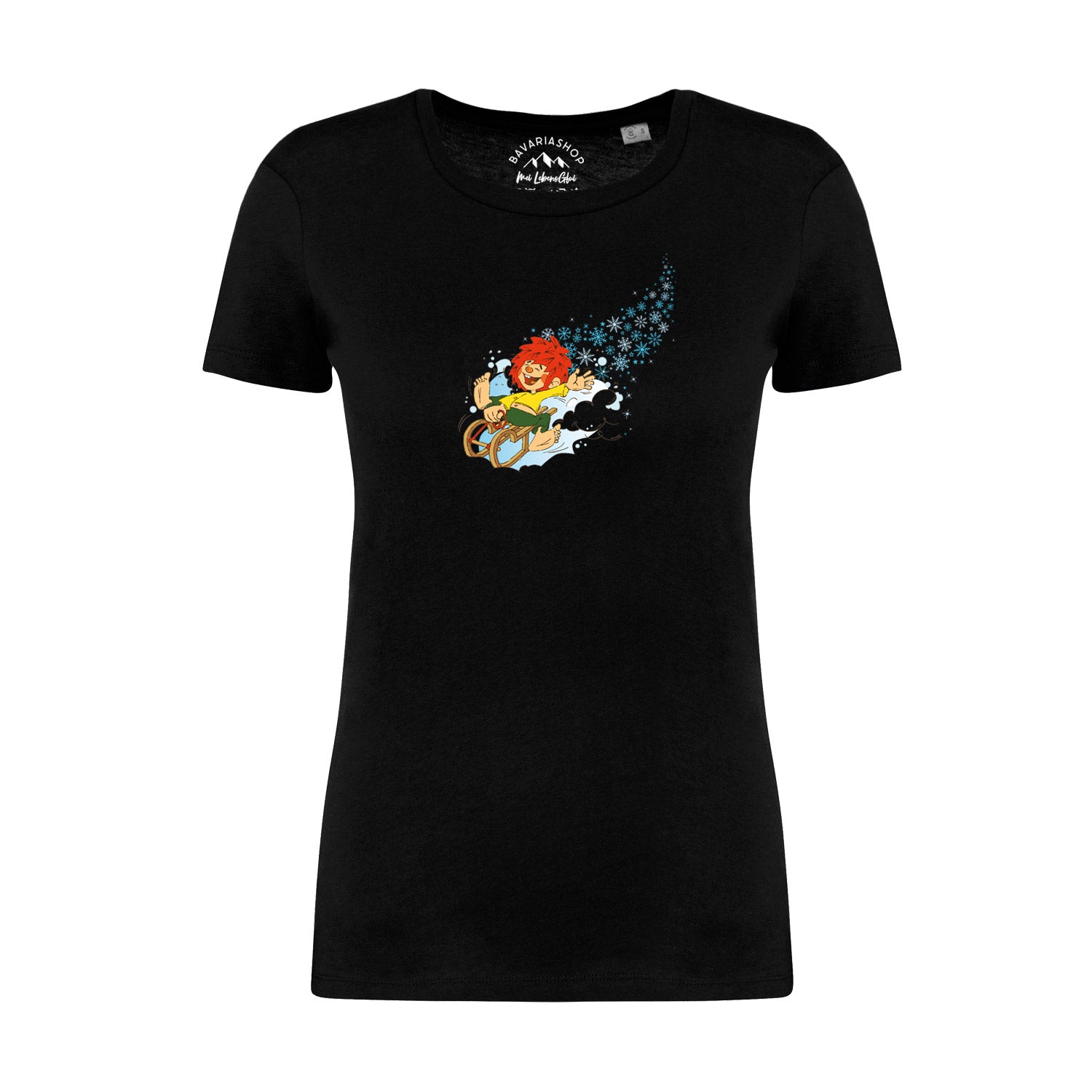Damen T-Shirt mit Pumuckl-Wintermotiv auf der Vorderseite, gerade Form, aus 100 % Bio-Baumwolle, 180 g/m².