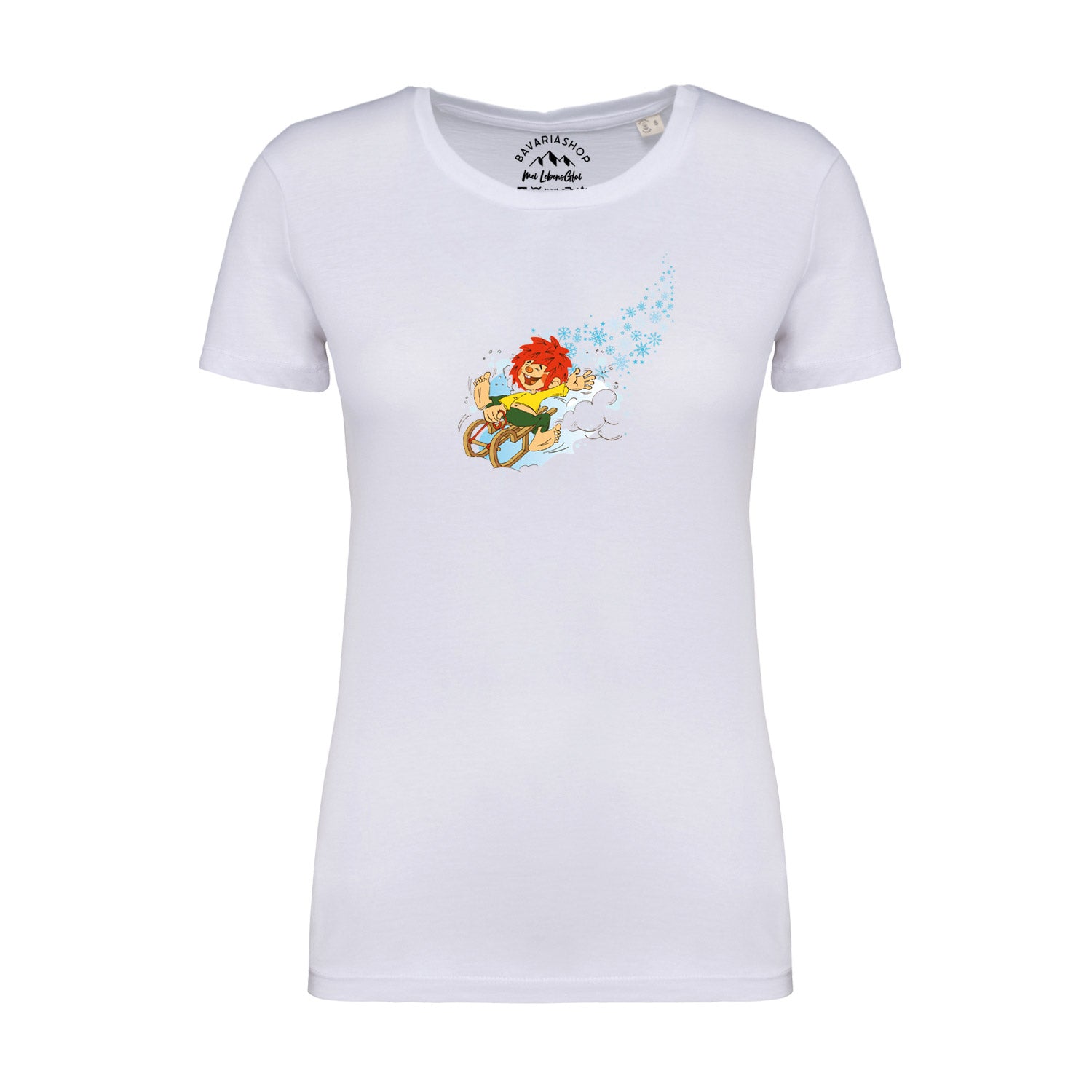 Damen-T-Shirt mit Pumuckl-Wintermotiv auf der Vorderseite, aus 100 % Bio-Baumwolle, Grammatur 180 g/m².