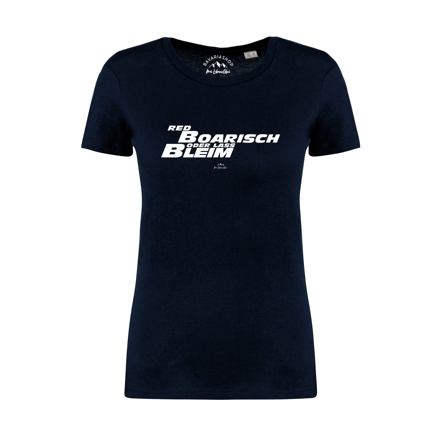 Dunkelblaues Damen-T-Shirt mit rotem „boarisch“-Schriftzug, Rundhalsausschnitt, aus 100 % Bio-Baumwolle.
