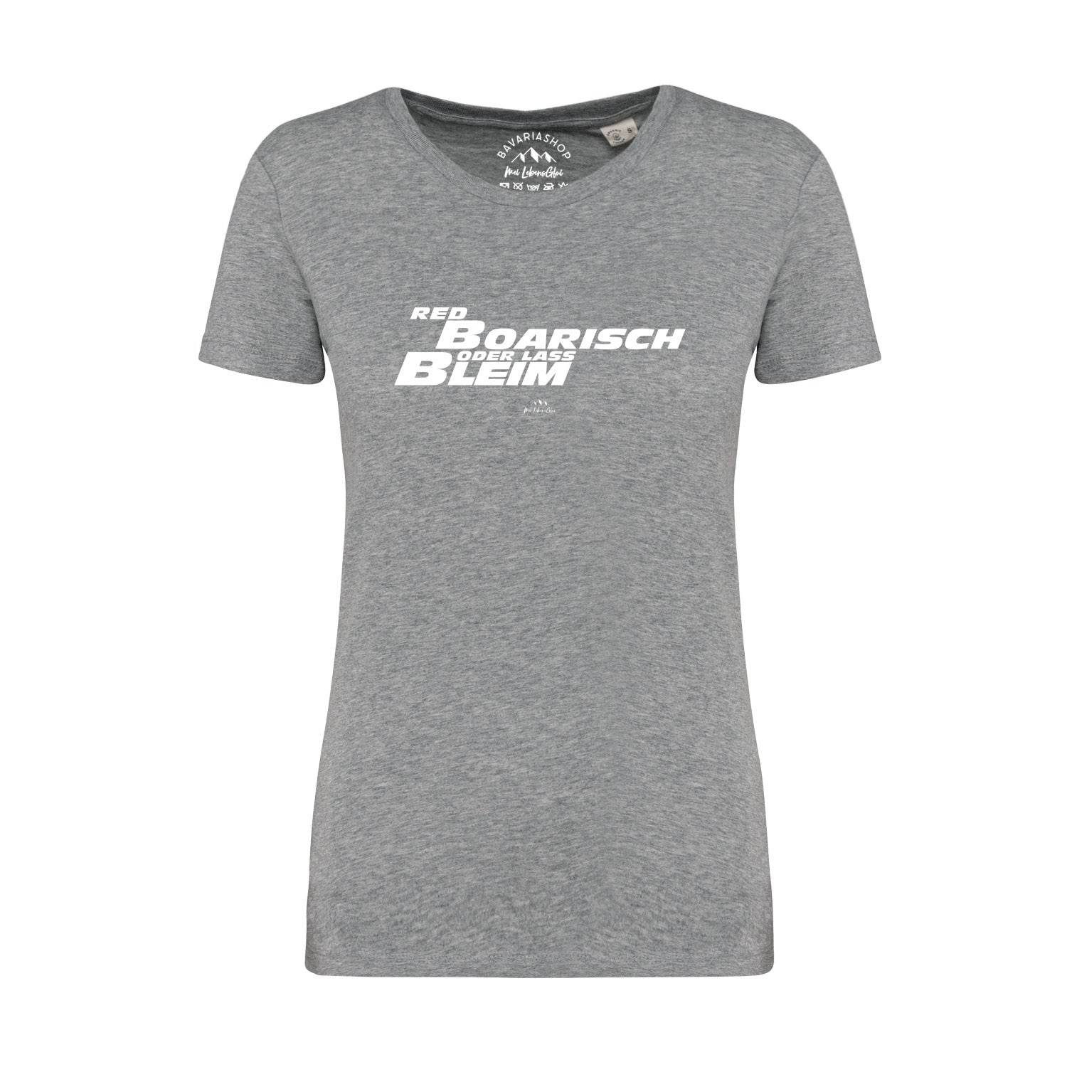 Grau meliertes Damen-T-Shirt mit rotem „boarisch“-Schriftzug, Rundhalsausschnitt, aus 100 % Bio-Baumwolle.