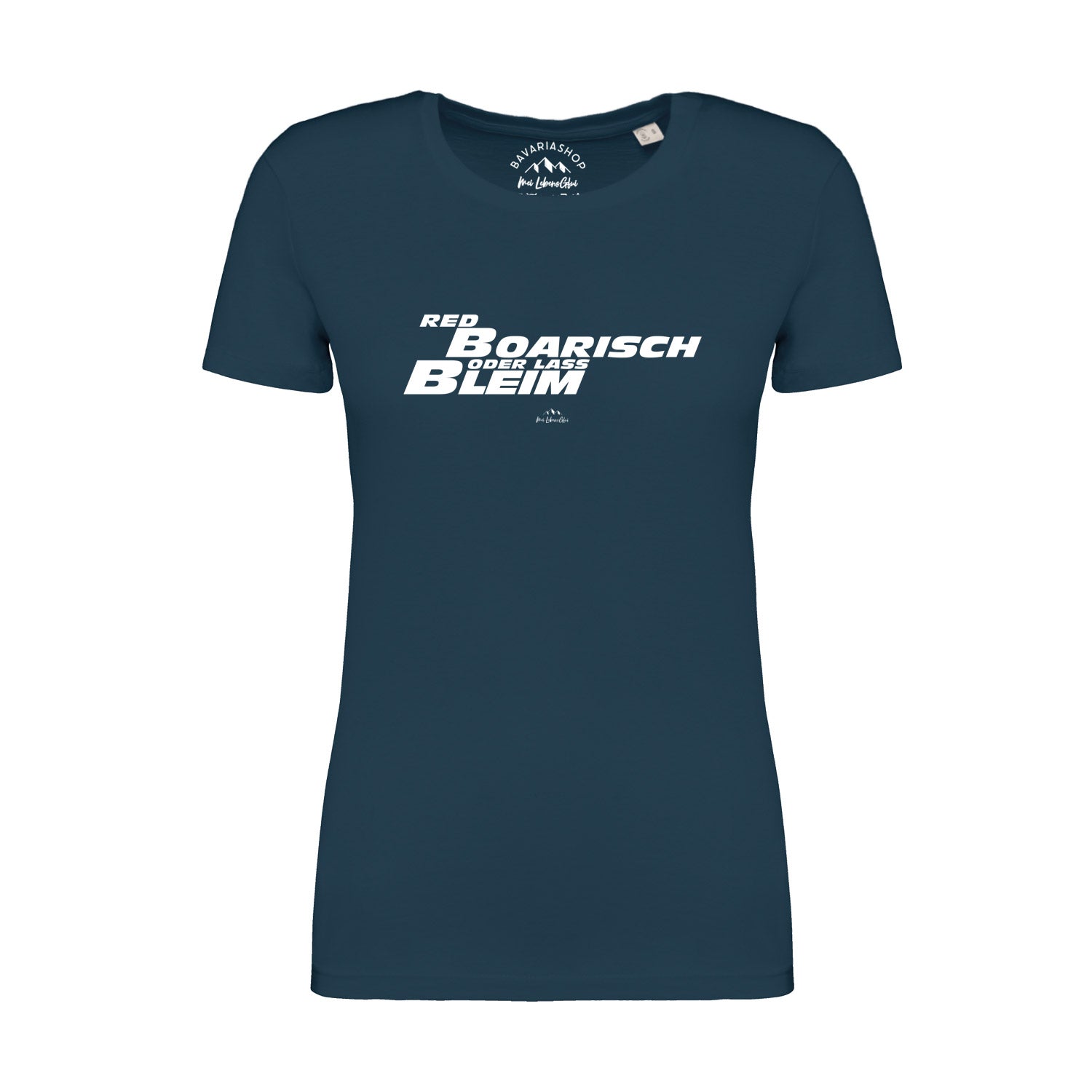 Damen-T-Shirt in Pfauenblau mit rotem „boarisch“-Schriftzug, kurzärmelig, aus 100 % Bio-Baumwolle.