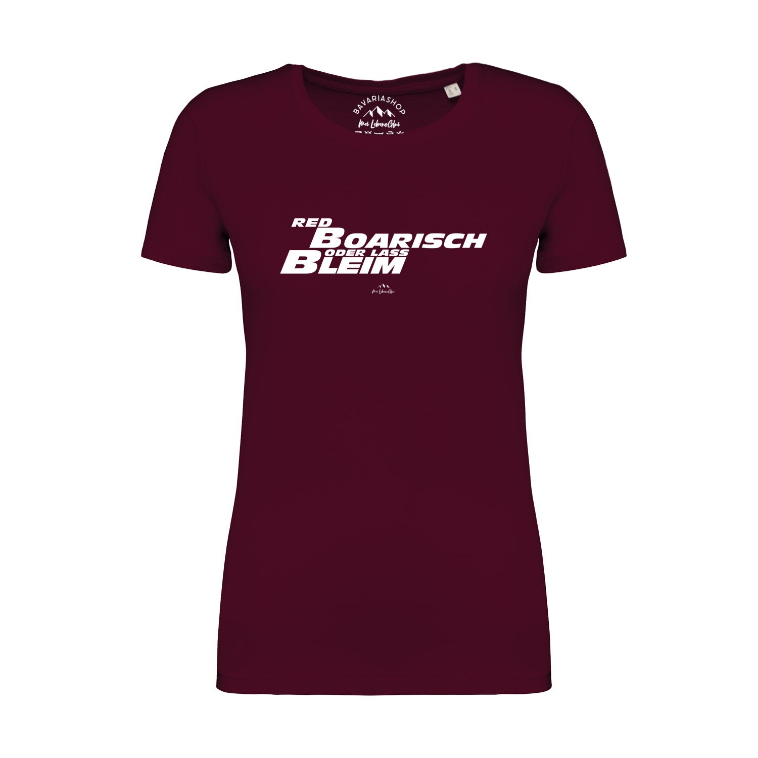 Weinrotes Damen-T-Shirt mit weißem „Red boarisch“-Schriftzug, kurzärmelig, aus 100 % Bio-Baumwolle.
