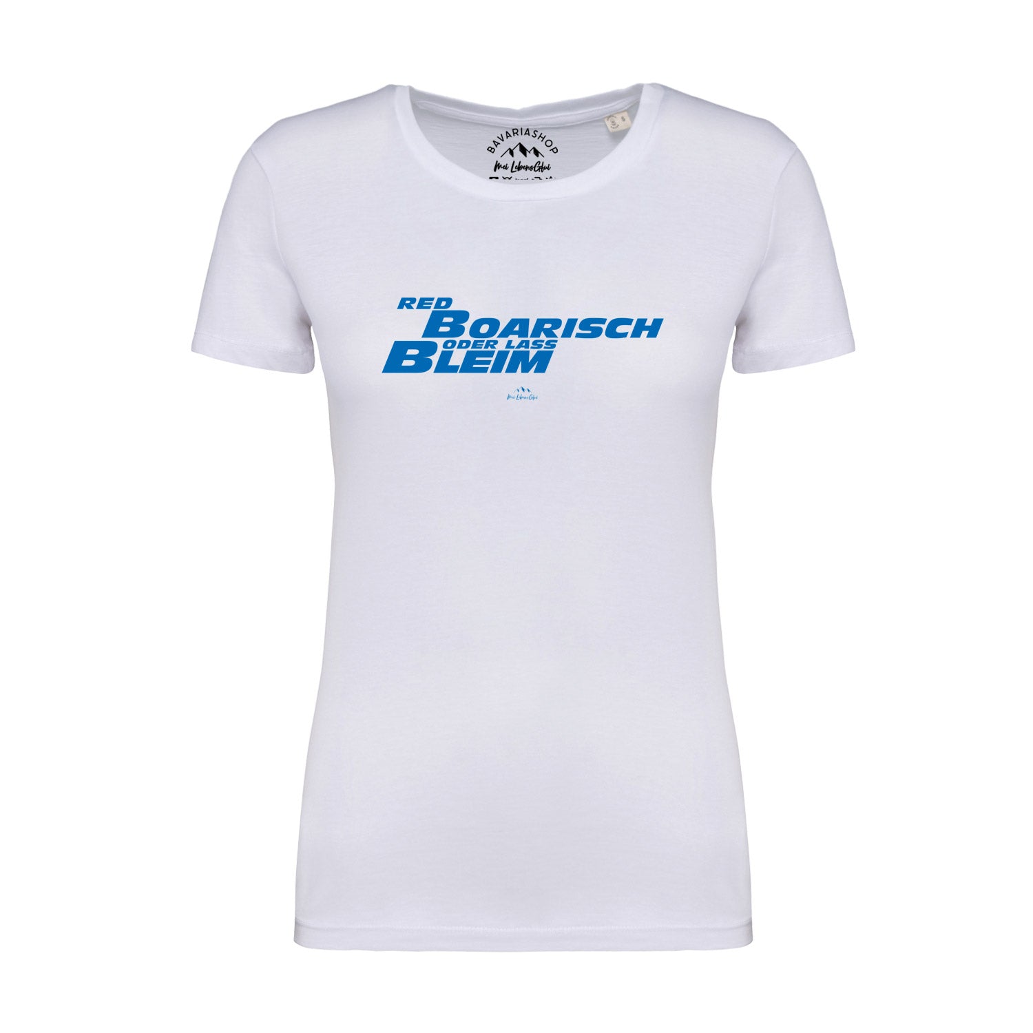 Weißes Damen-T-Shirt mit rotem „boarisch“-Schriftzug, Rundhalsausschnitt, Bio-Baumwolle, taillierter Schnitt.
