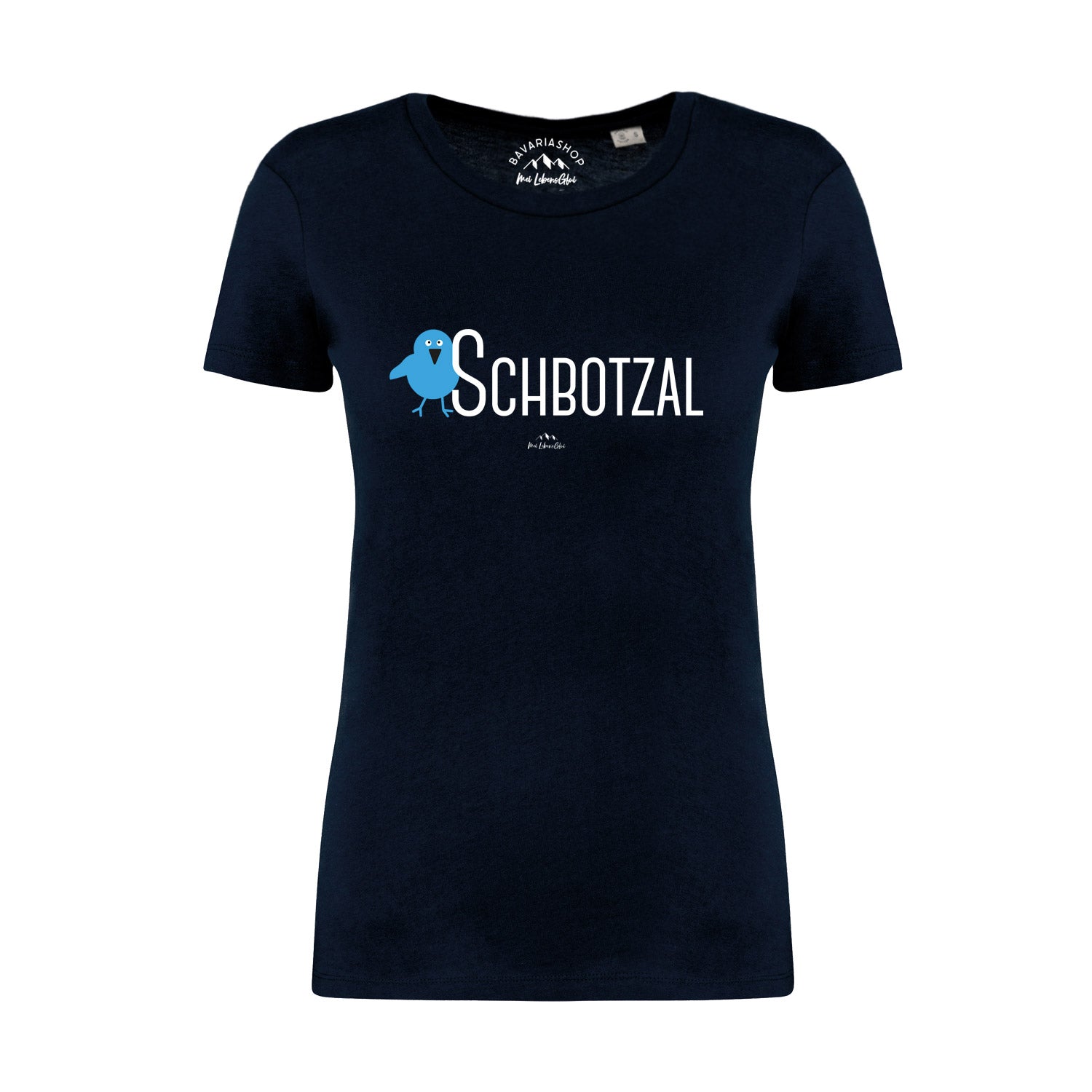 Dunkelblaues Damen-T-Shirt mit weißem „Schbotzal“-Schriftzug, Rundhalsausschnitt, aus 100 % Bio-Baumwolle.