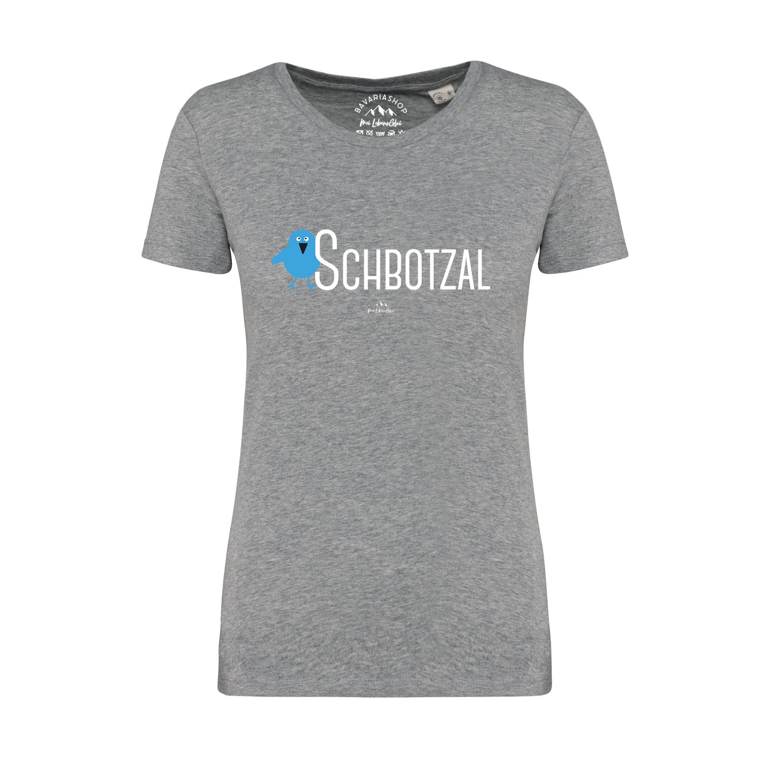 Damen T-Shirt in Grau meliert mit schwarzem „Schbotzal“-Schriftzug in bayerischer Mundart, aus 100 % Bio-Baumwolle.