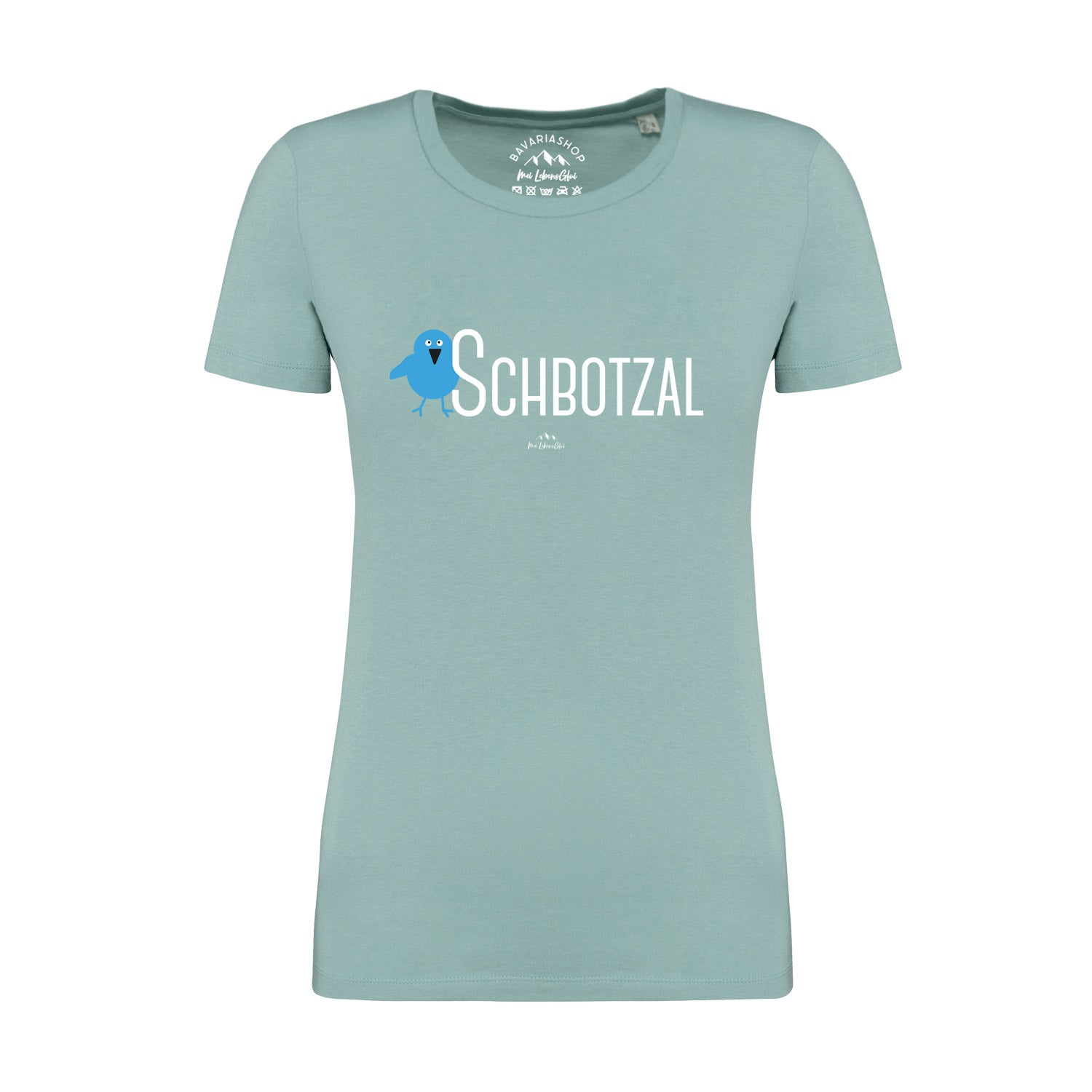 Pastellgrünes Damen T-Shirt mit dem bayerischen Schriftzug „Schbotzal“, Rundhals, glatt, aus 100 % Bio-Baumwolle.