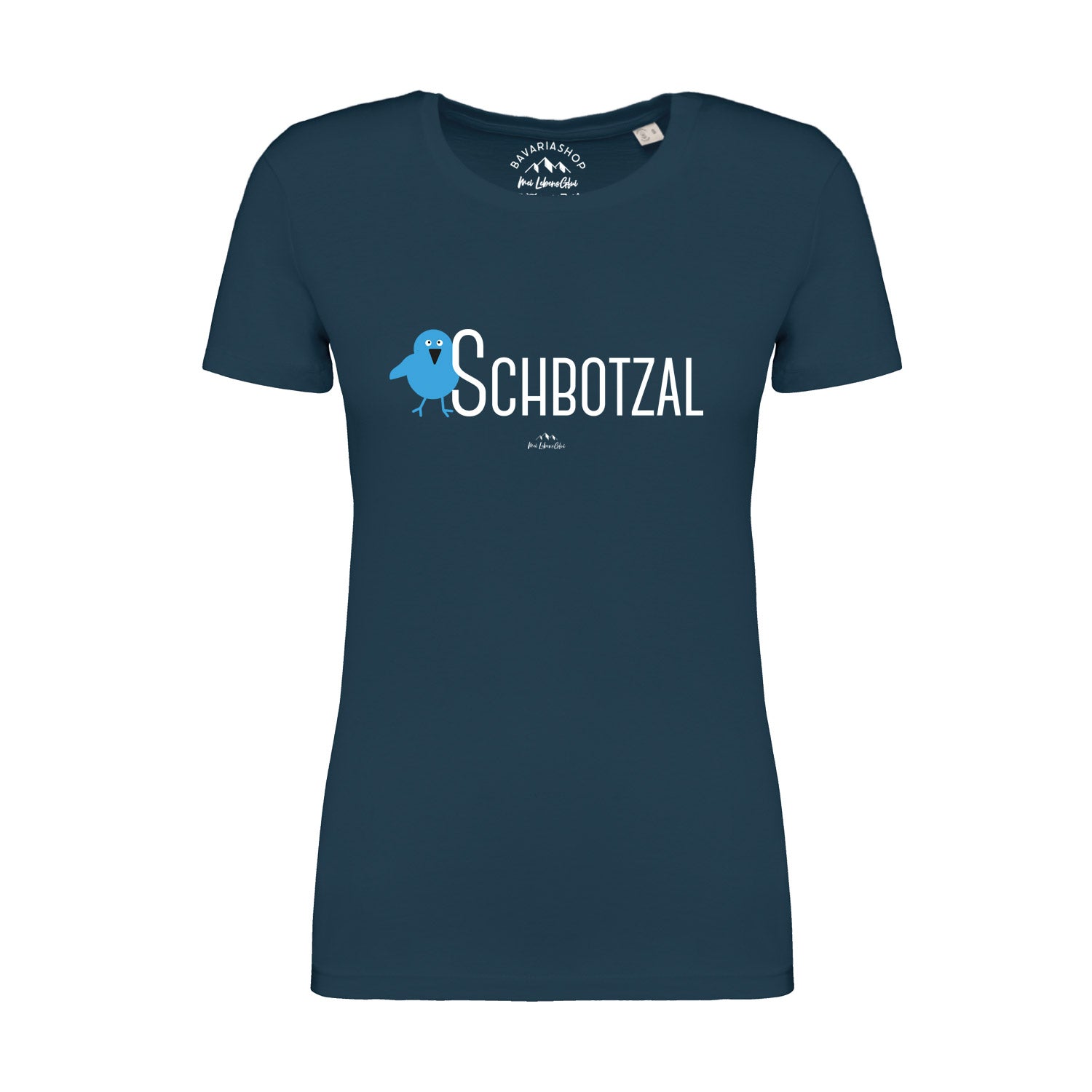 Damen T-Shirt in Pfauenblau mit weißem „Schbotzal“-Schriftzug, Kurzarm, aus 100 % Bio-Baumwolle.