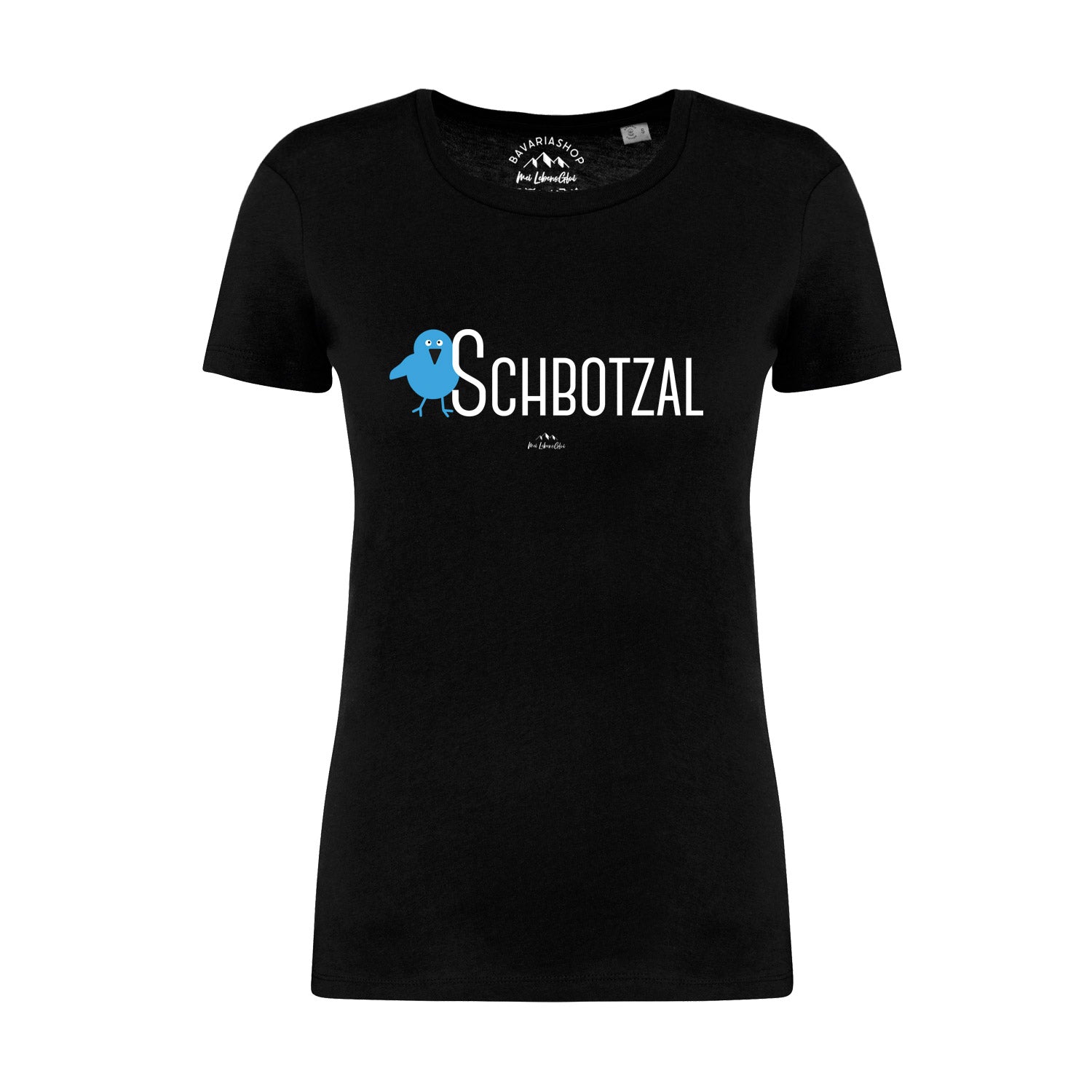 Schwarzes Damen-T-Shirt mit weißem „Schbotzal“-Schriftzug in Druckschrift, Bio-Baumwolle, kurzärmelig.