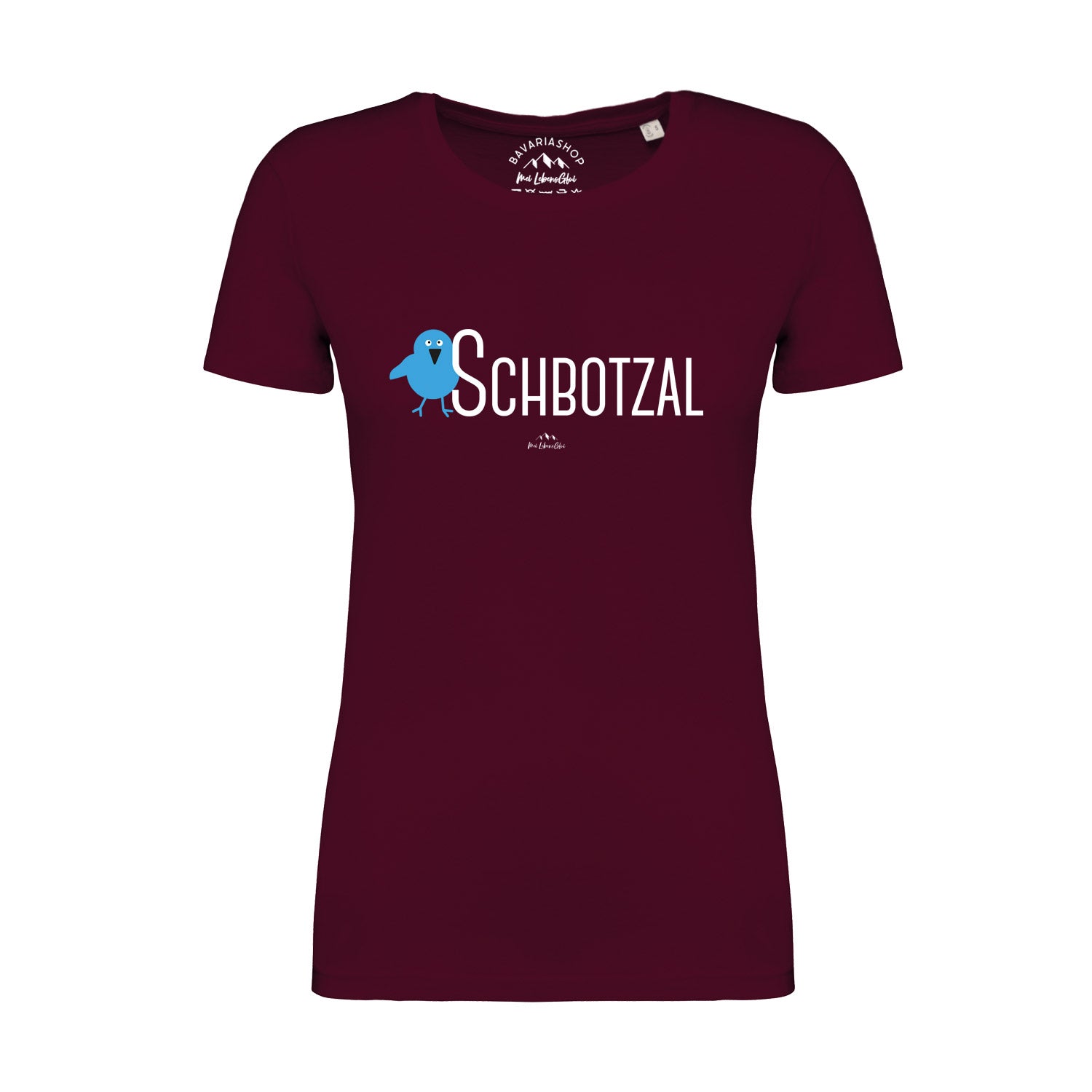 Weinrotes Damen T-Shirt mit weißem Schriftzug „Schbotzal“ auf der Brust, aus 100 % Bio-Baumwolle.