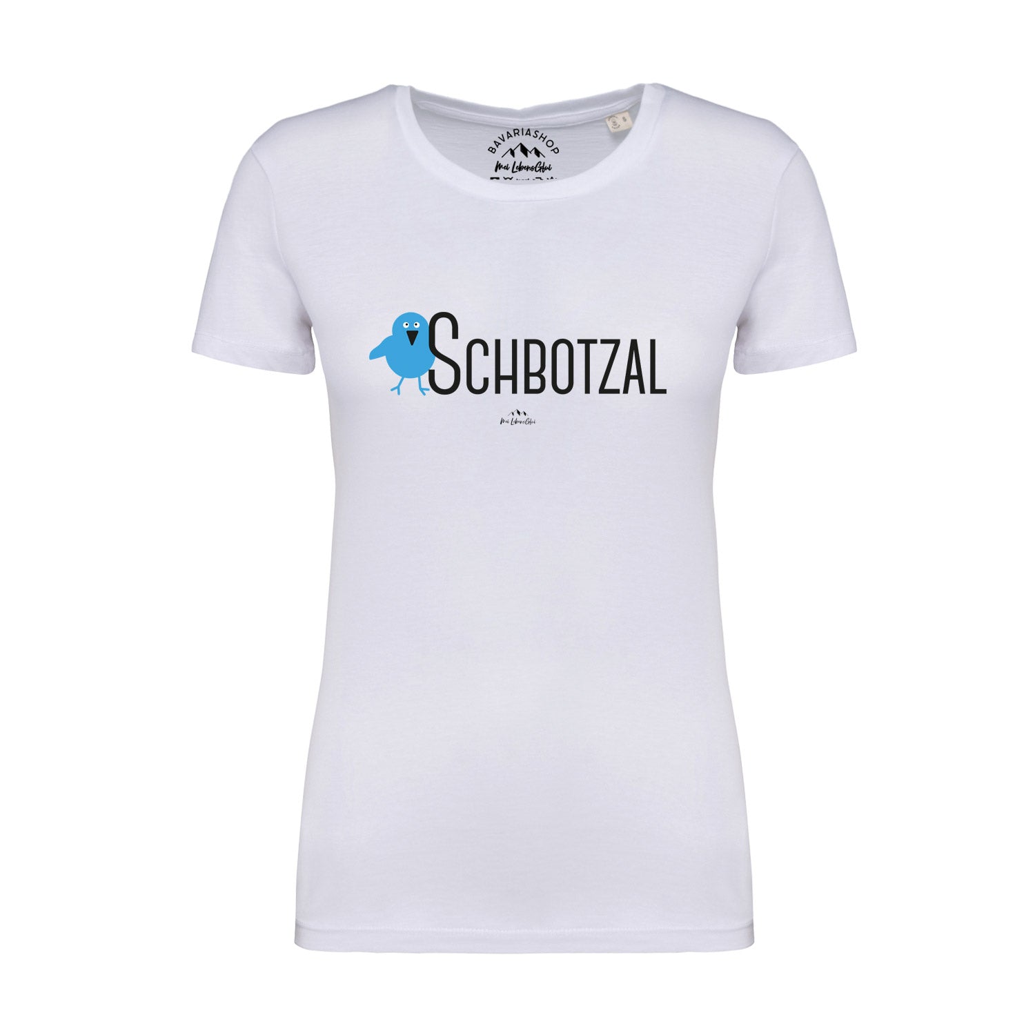 Weißes Damen-T-Shirt mit schwarzem „Schbotzal“-Schriftzug in bayerischer Mundart, aus 100 % Bio-Baumwolle.